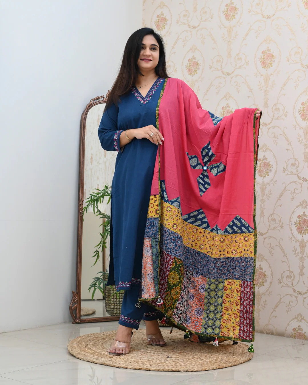 Cotton Embroidered Pant Set with Ajrakh Appliqué Dupatta - Image 9