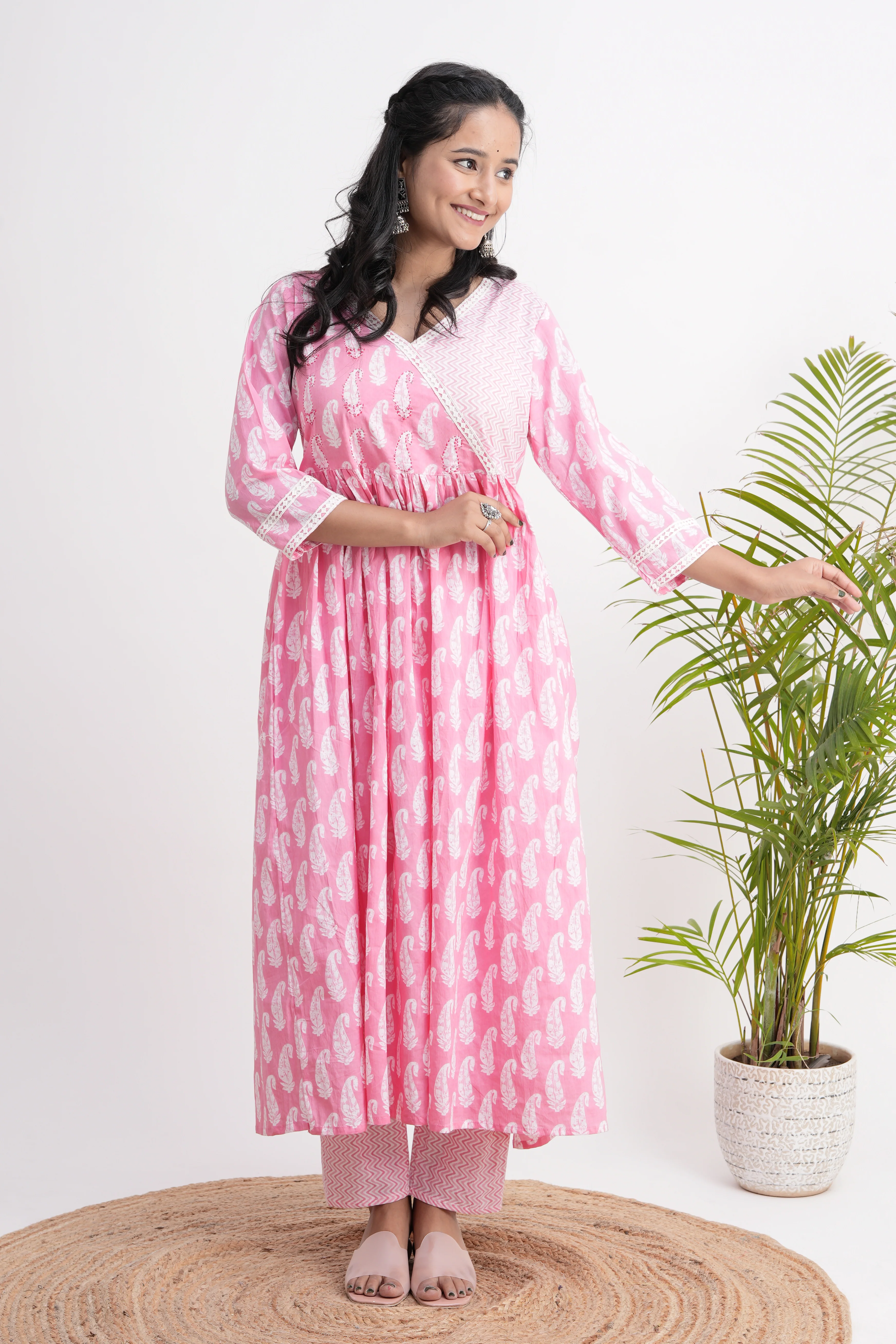 Cotton Handblock Lace Detailed Anarkali Set - Image 5