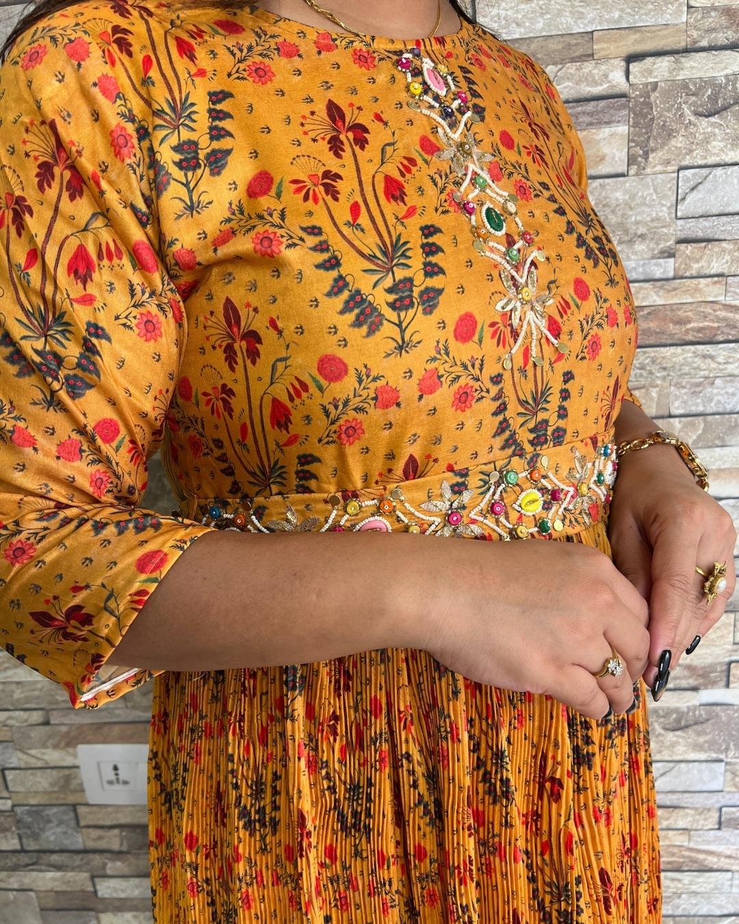 Daisy Yellow Pleated Bling Dress with Belt - Image 3