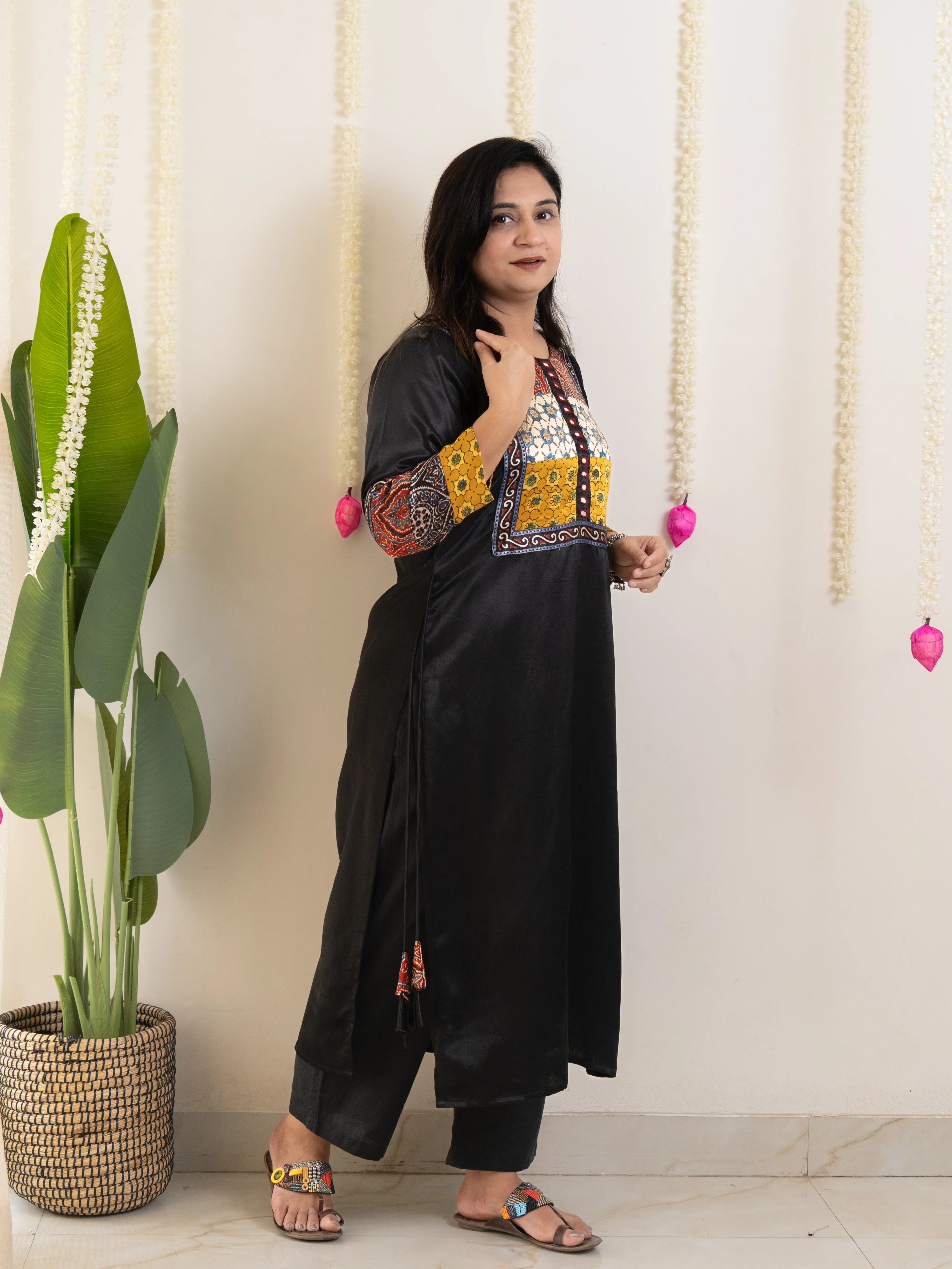 Daniya Black Mashru Silk Ajrakh Embroidered Kurta - Image 9