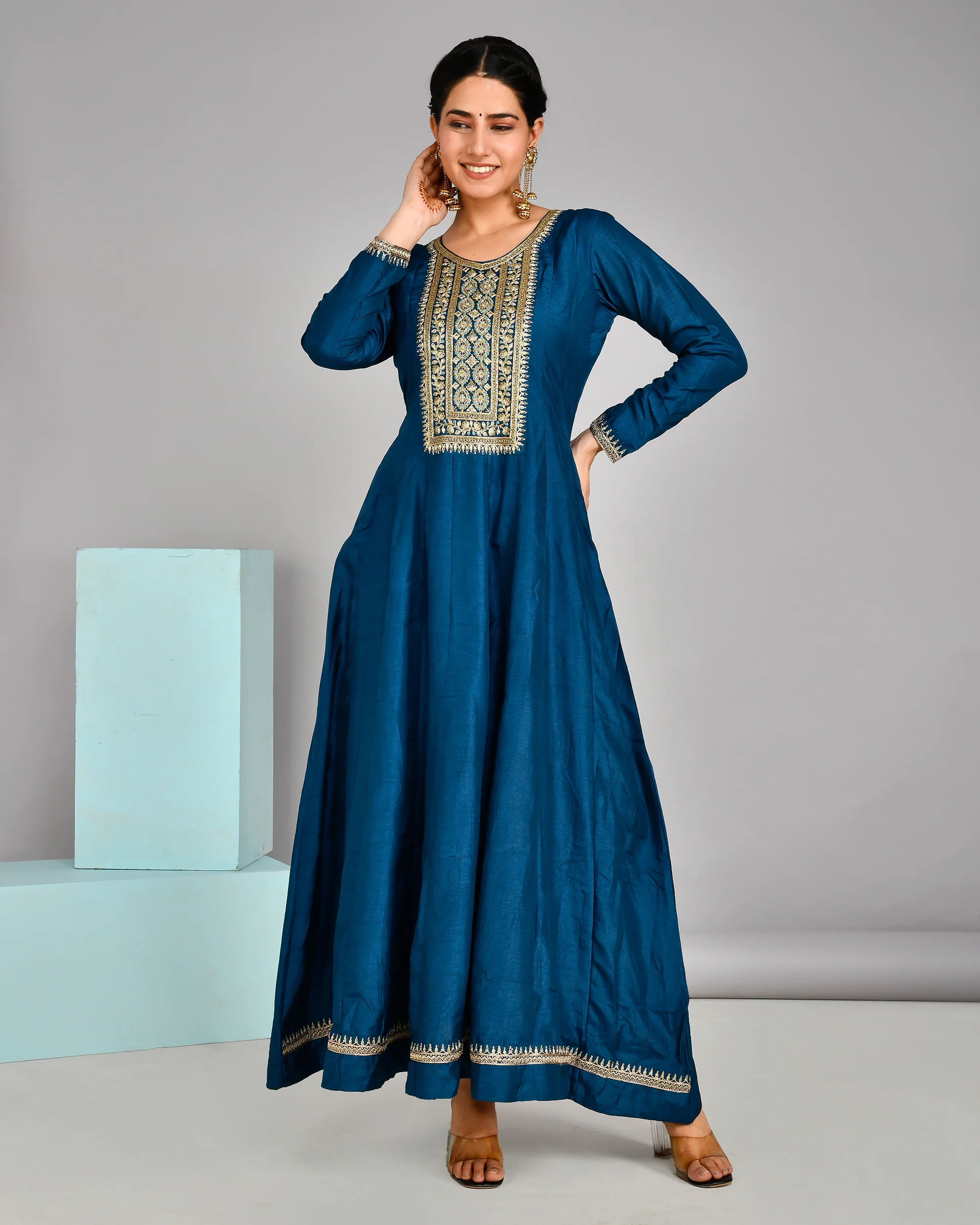 Festive Special Silk Embroidered Long Gown With Banarasi Dupatta - Image 3