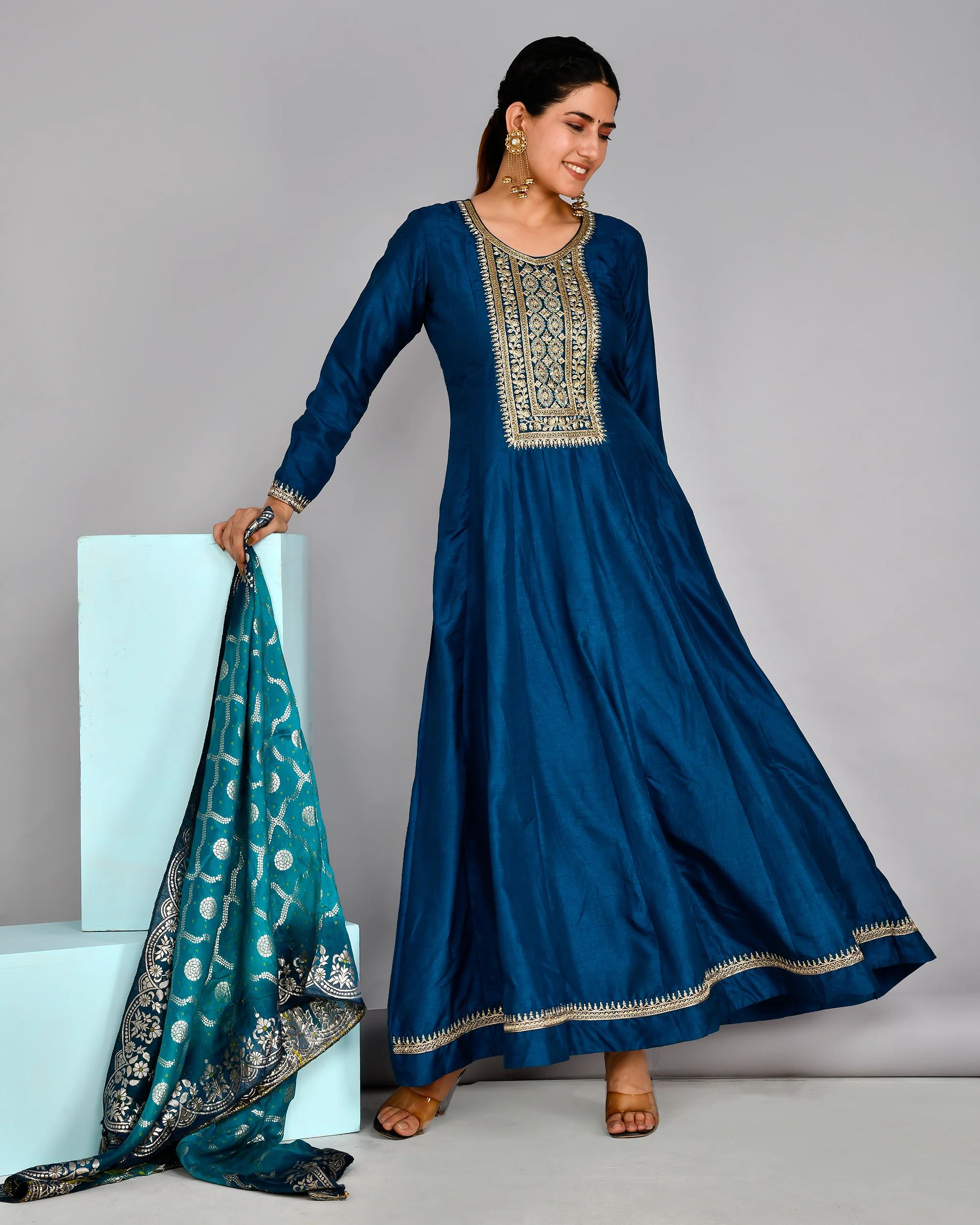 Festive Special Silk Embroidered Long Gown With Banarasi Dupatta - Image 4