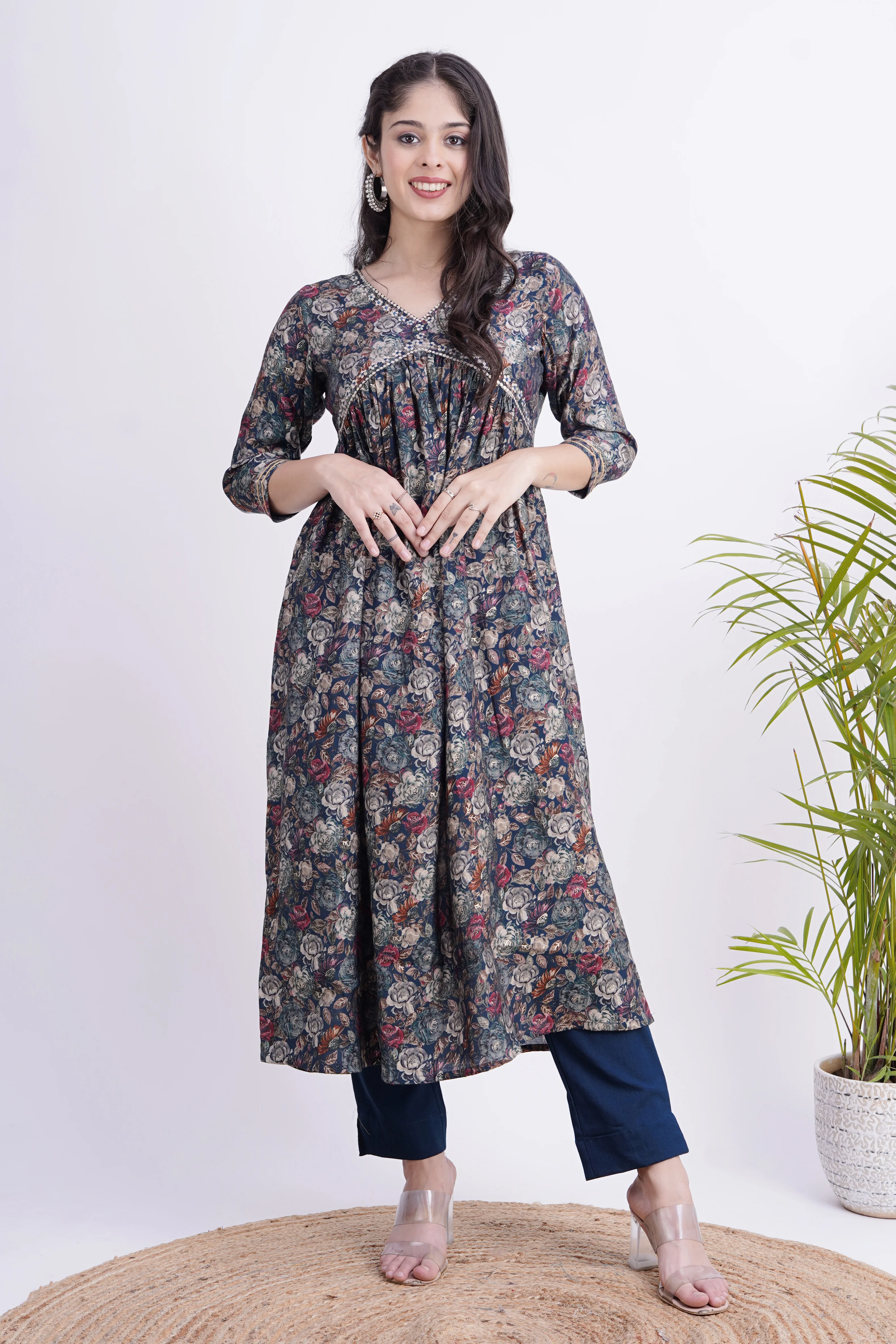 Floral Print Muslin Embroidered Alia Cut Pant Set - Image 5