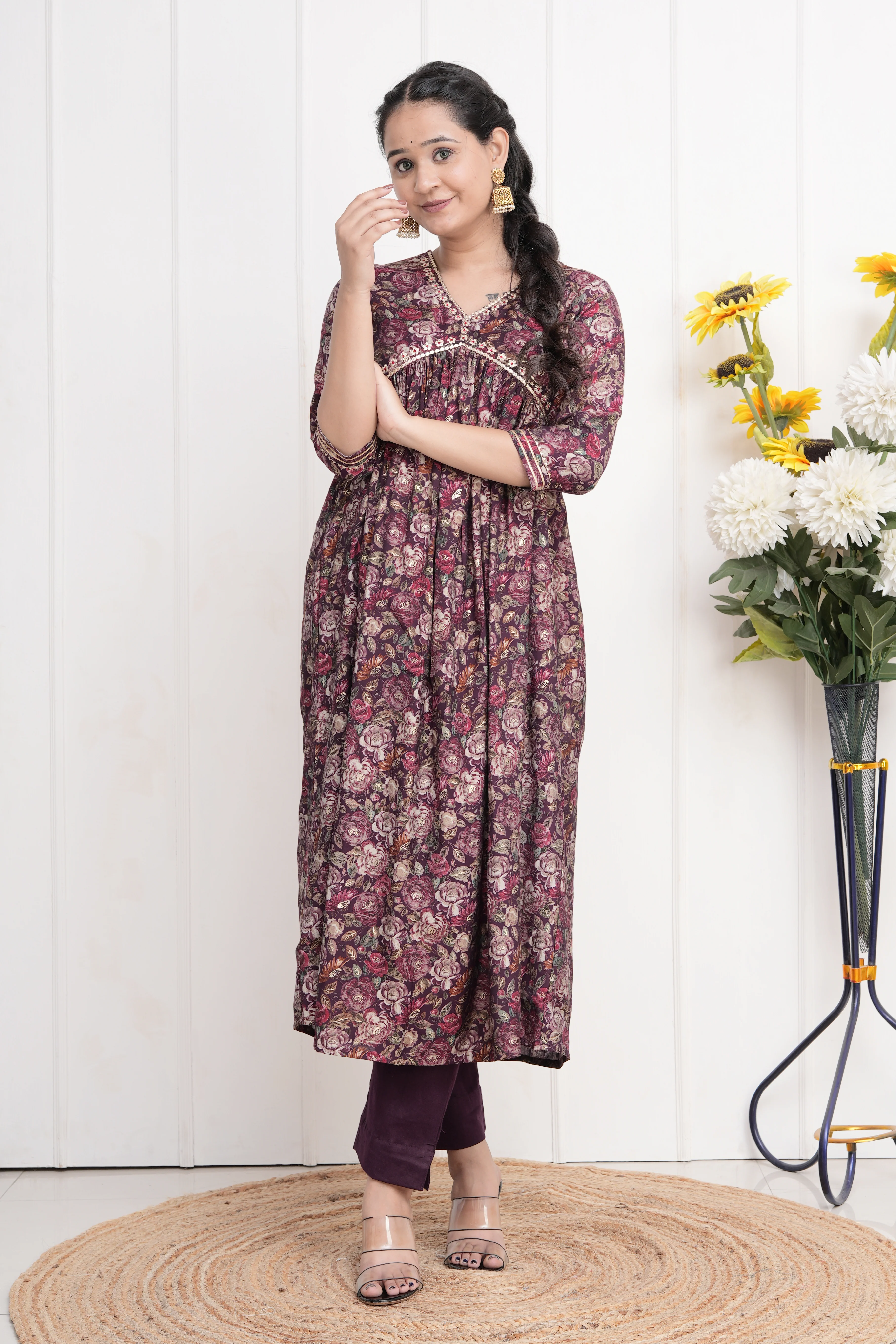 Floral Print Muslin Embroidered Alia Cut Pant Set - Image 6