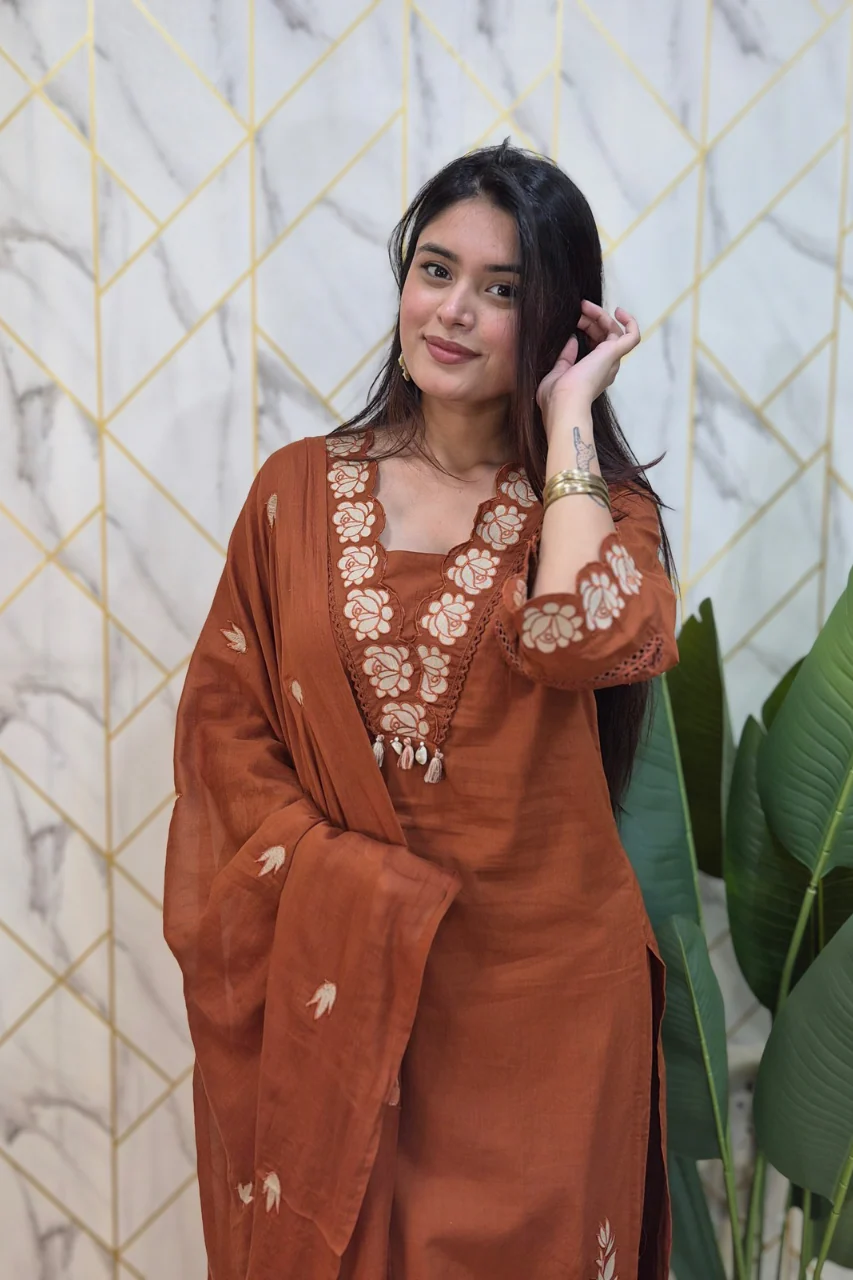 Gazal Rust Premium Cotton Embroidered Pant set - Image 11