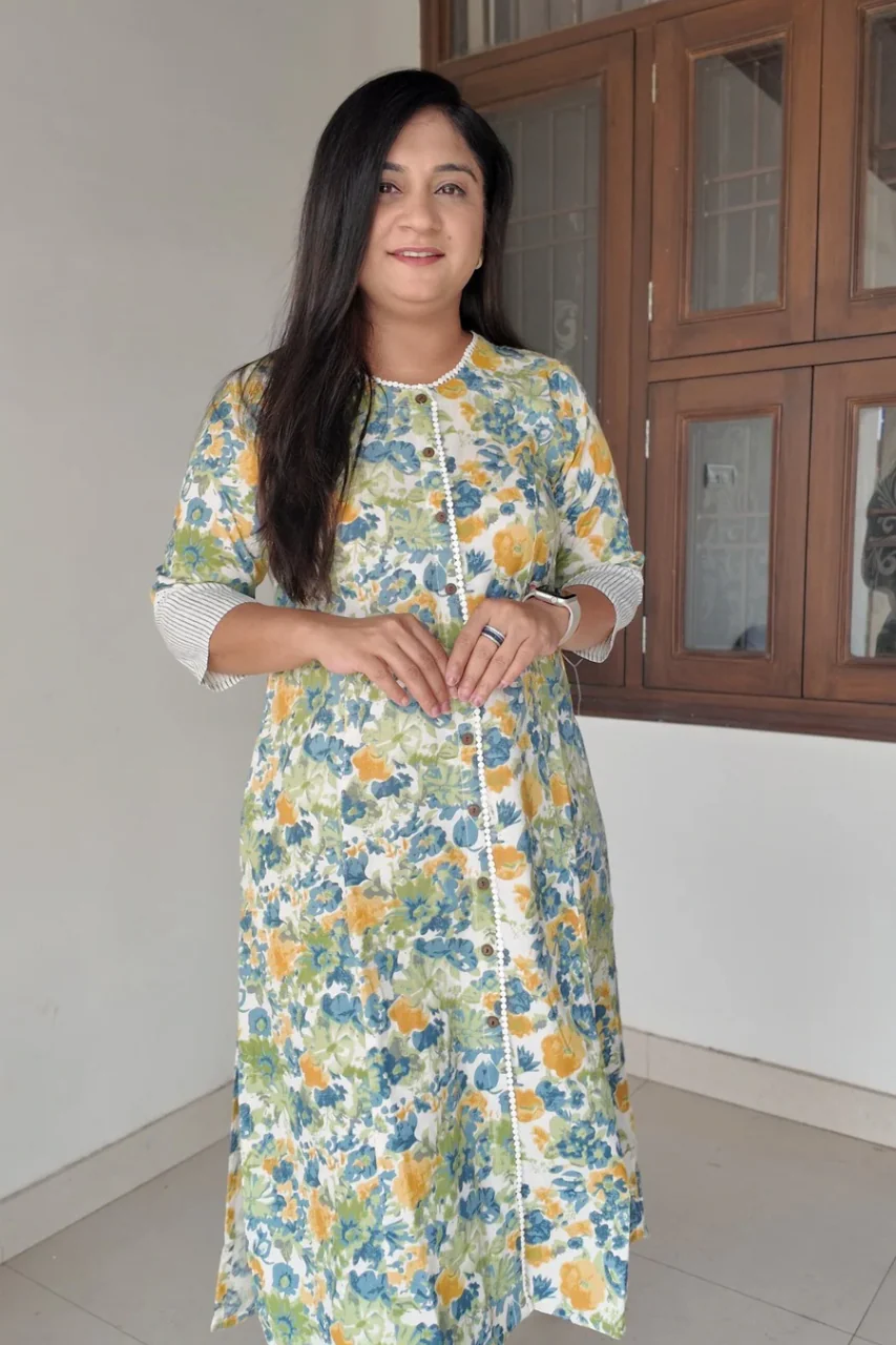 Green Floral Cotton Casual A- line kurta with pocket - Image 6