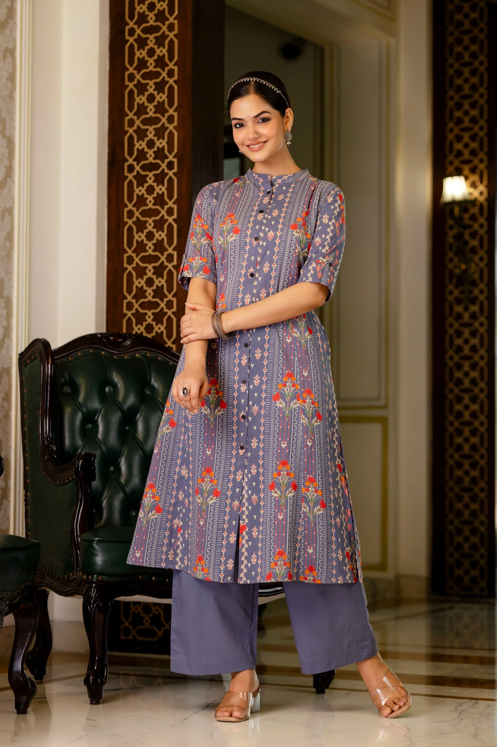 Grey Floral Cotton A-line Coord Set - Image 2