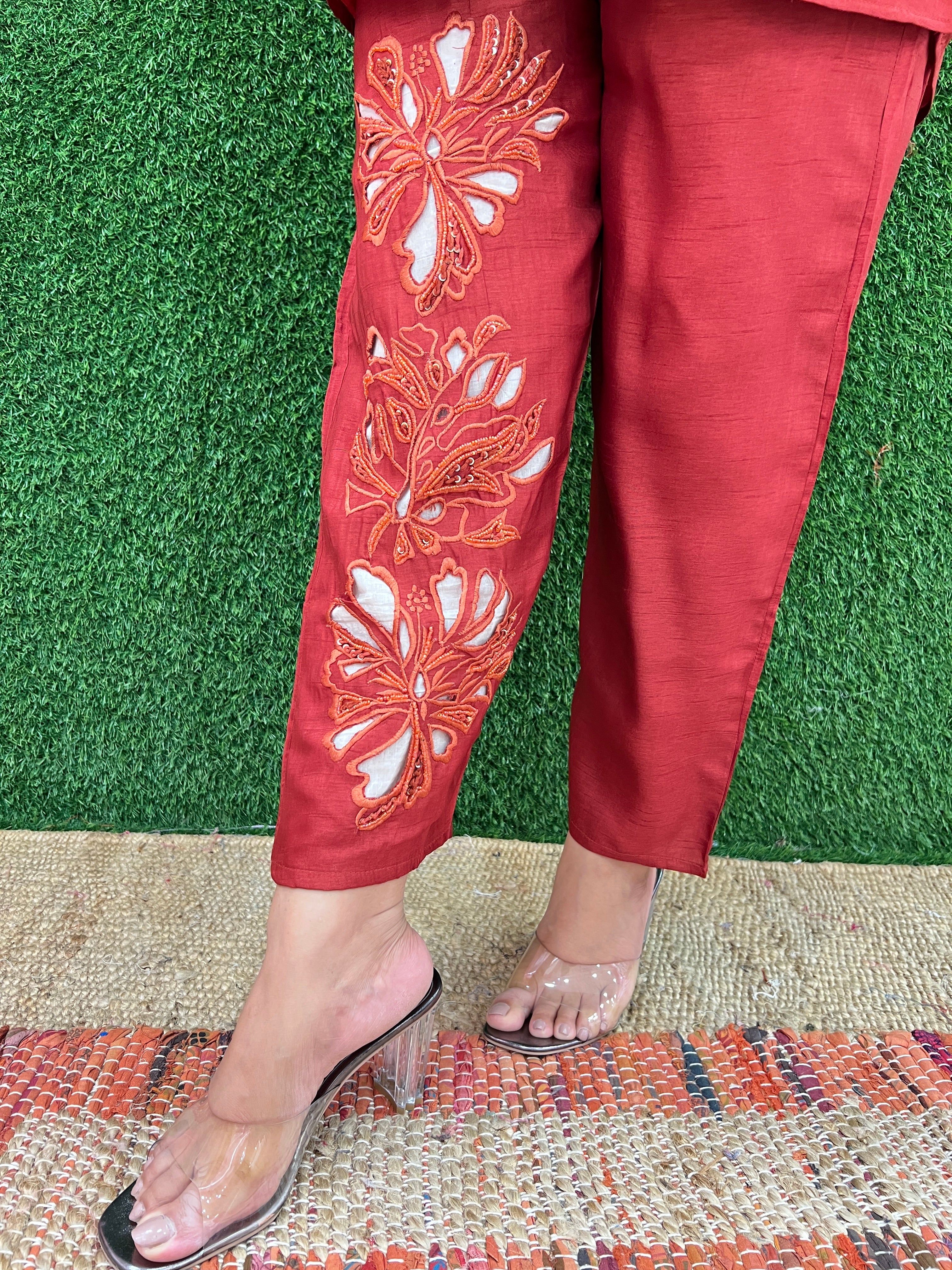 HandEmbroidered Cutwork Silk Coord Set - Image 4