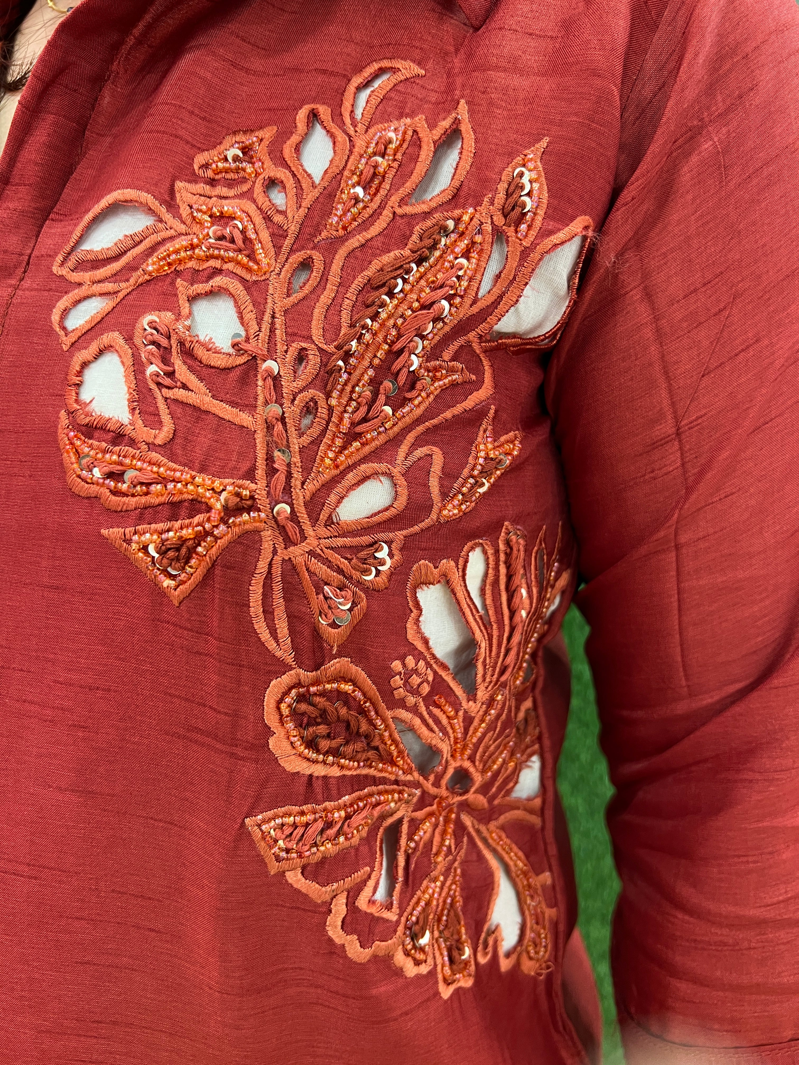 HandEmbroidered Cutwork Silk Coord Set - Image 5