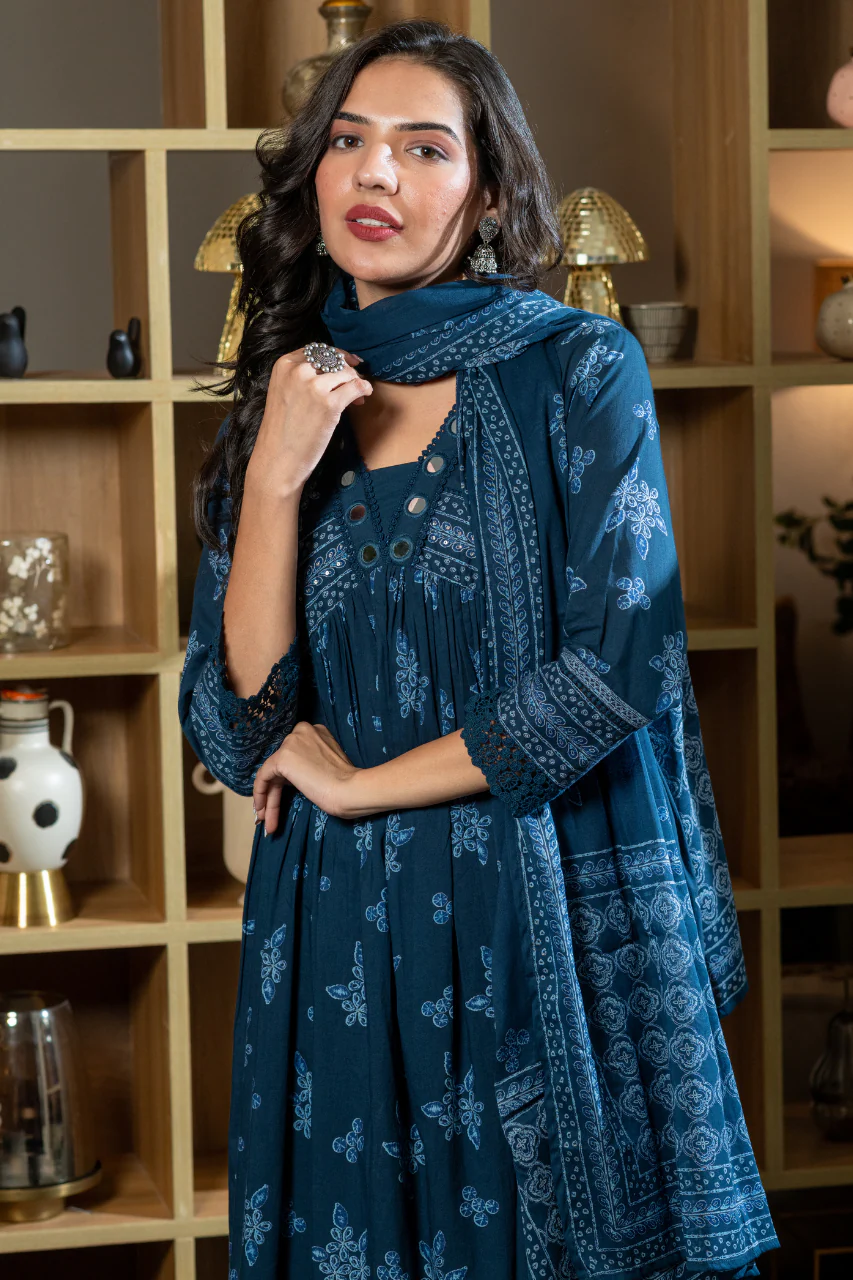 Indigo Cotton Embroidered Alia Pant Set - Image 3