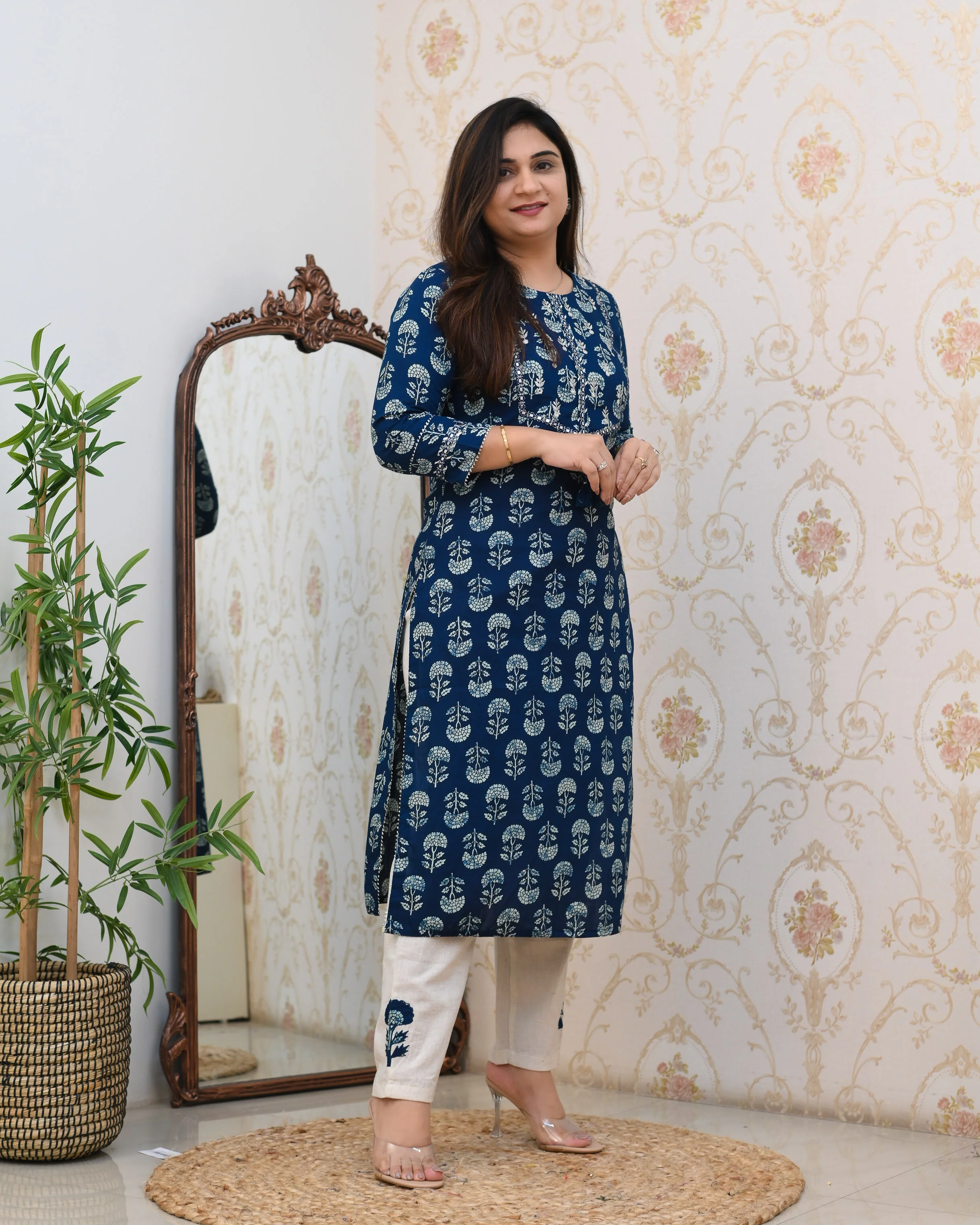Latika Indigo Cotton Applique Embroidered Casual Pant Set - Image 4