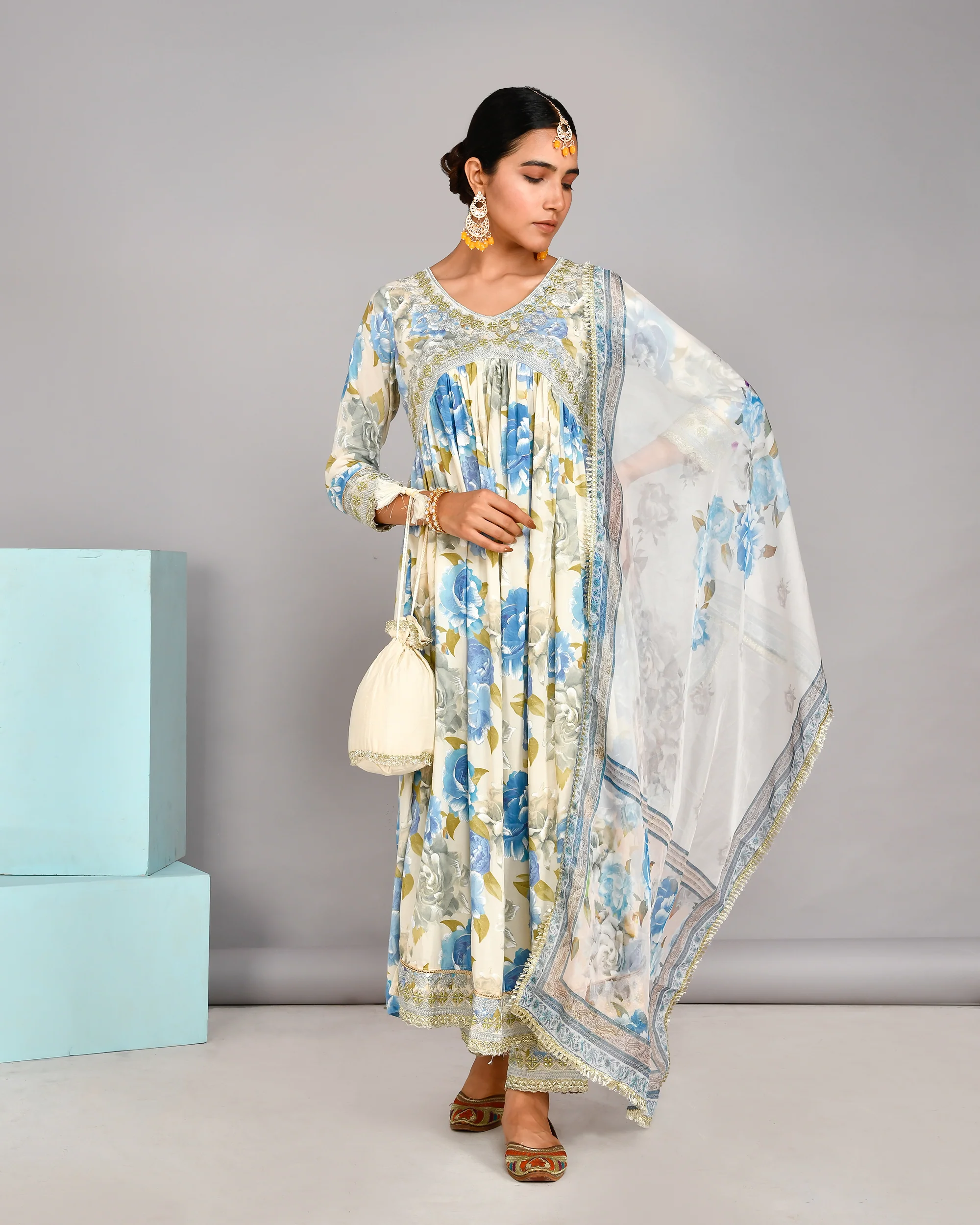 Jashn Special Muslin Floral Alia Style Pant Set with Potli - Image 11