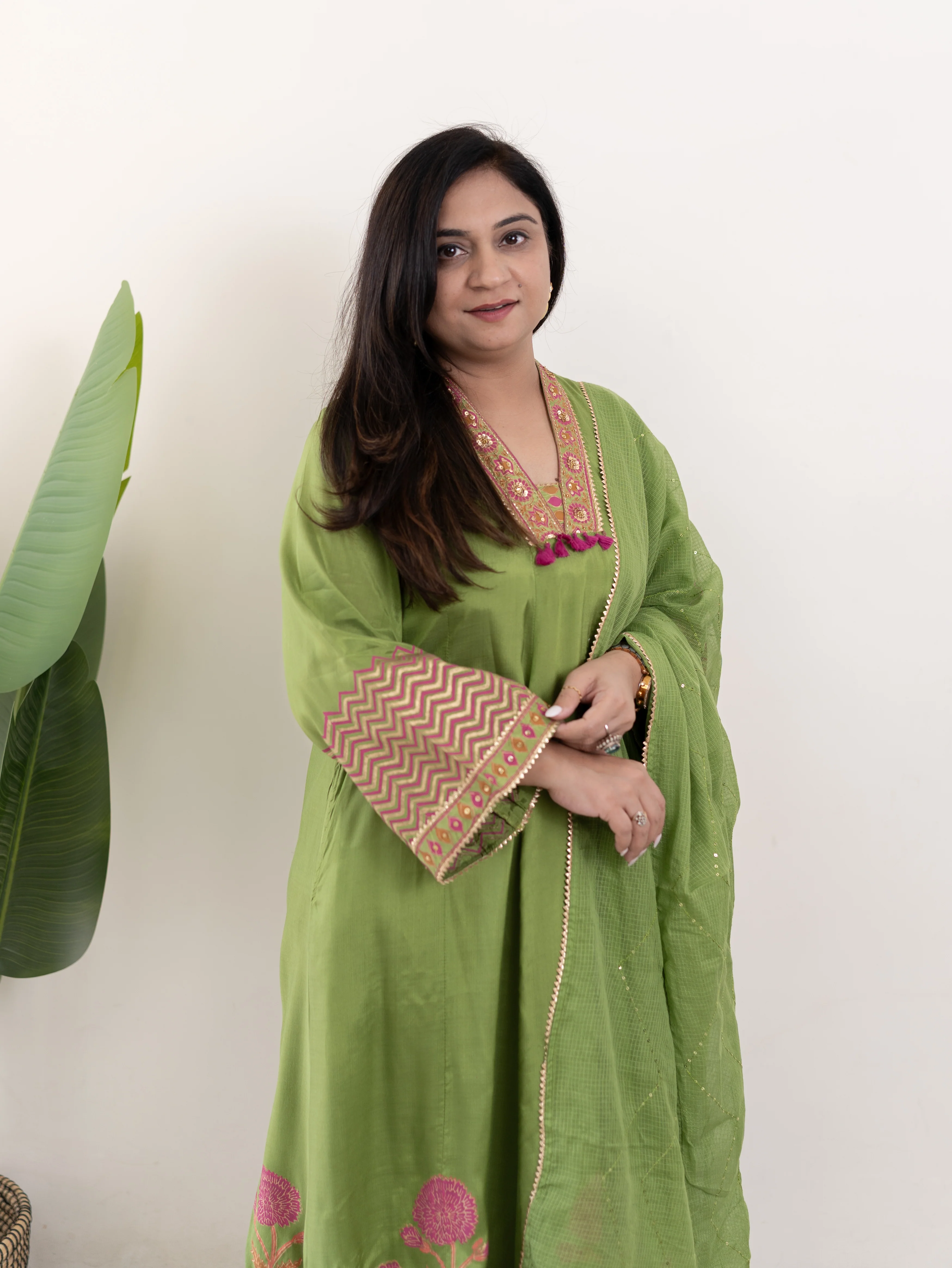 Jasmine Green Muslin HandEmbroidered Anarkali Dupatta Set - Image 7