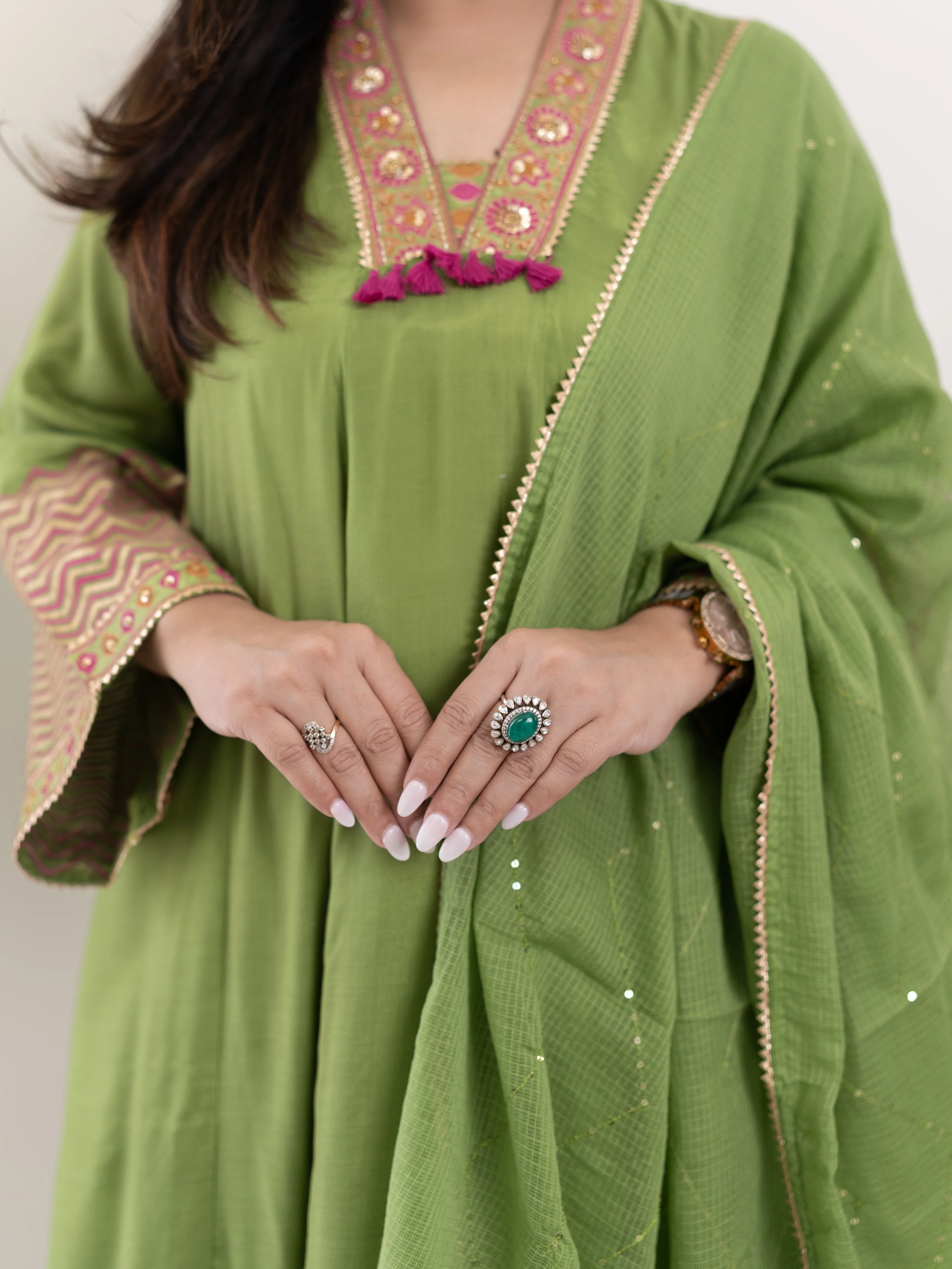 Jasmine Green Muslin HandEmbroidered Anarkali Dupatta Set - Image 8