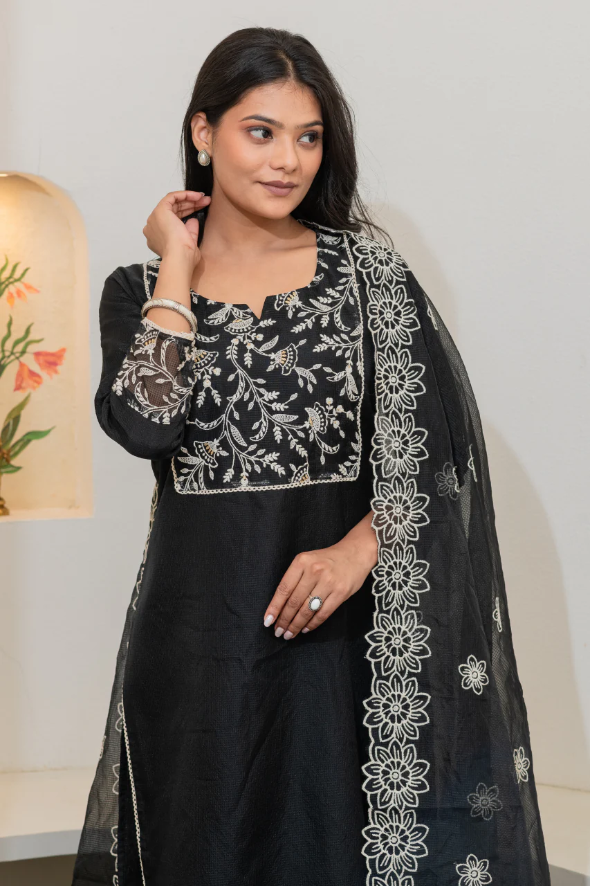 'Kajal' Kota Doria Embroidered Pant Set - Image 3