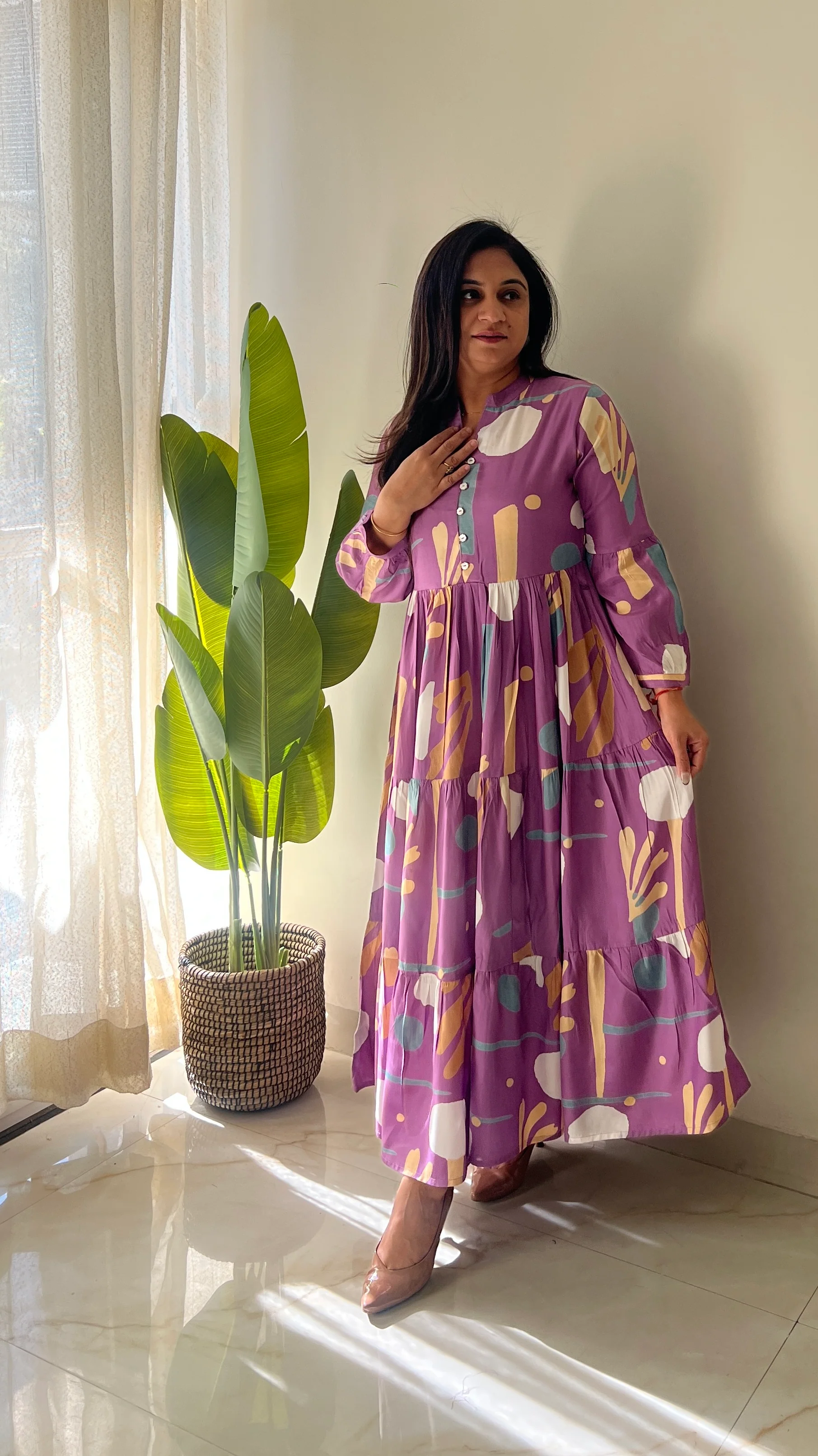 Sarfa Lilac Crystal Muslin Casual Long Dress - Image 3