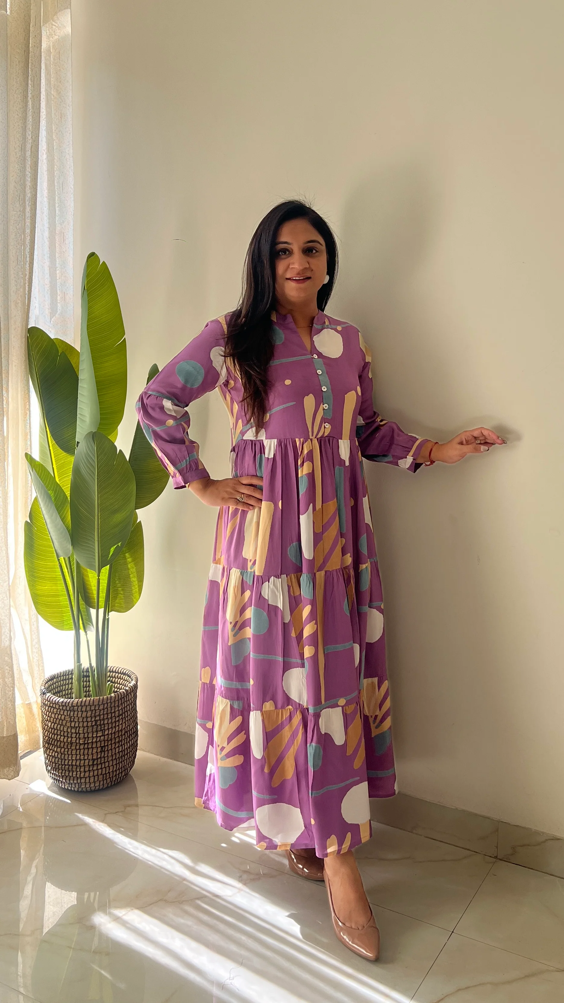 Sarfa Lilac Crystal Muslin Casual Long Dress - Image 4