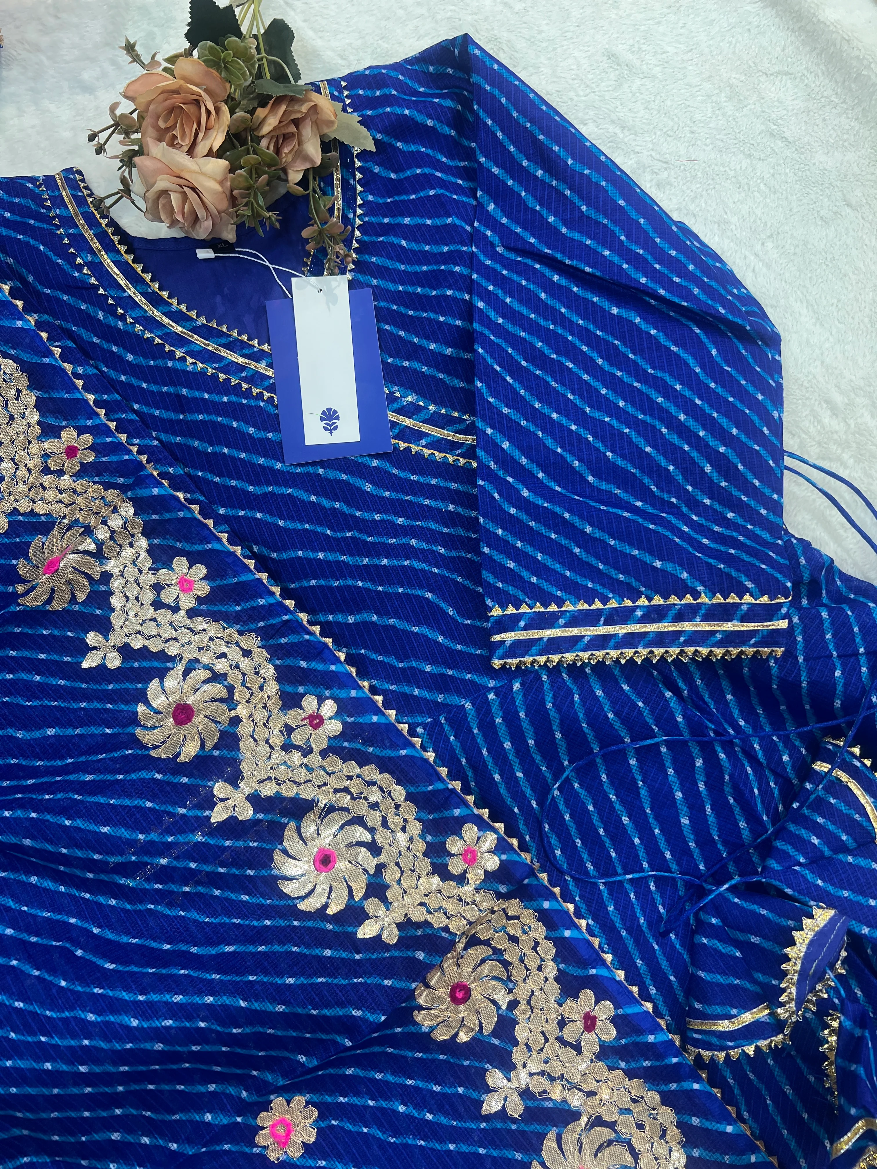 Mahira Blue Kota Doria Leheriya Gotta Detailed Anarkali Set - Image 4