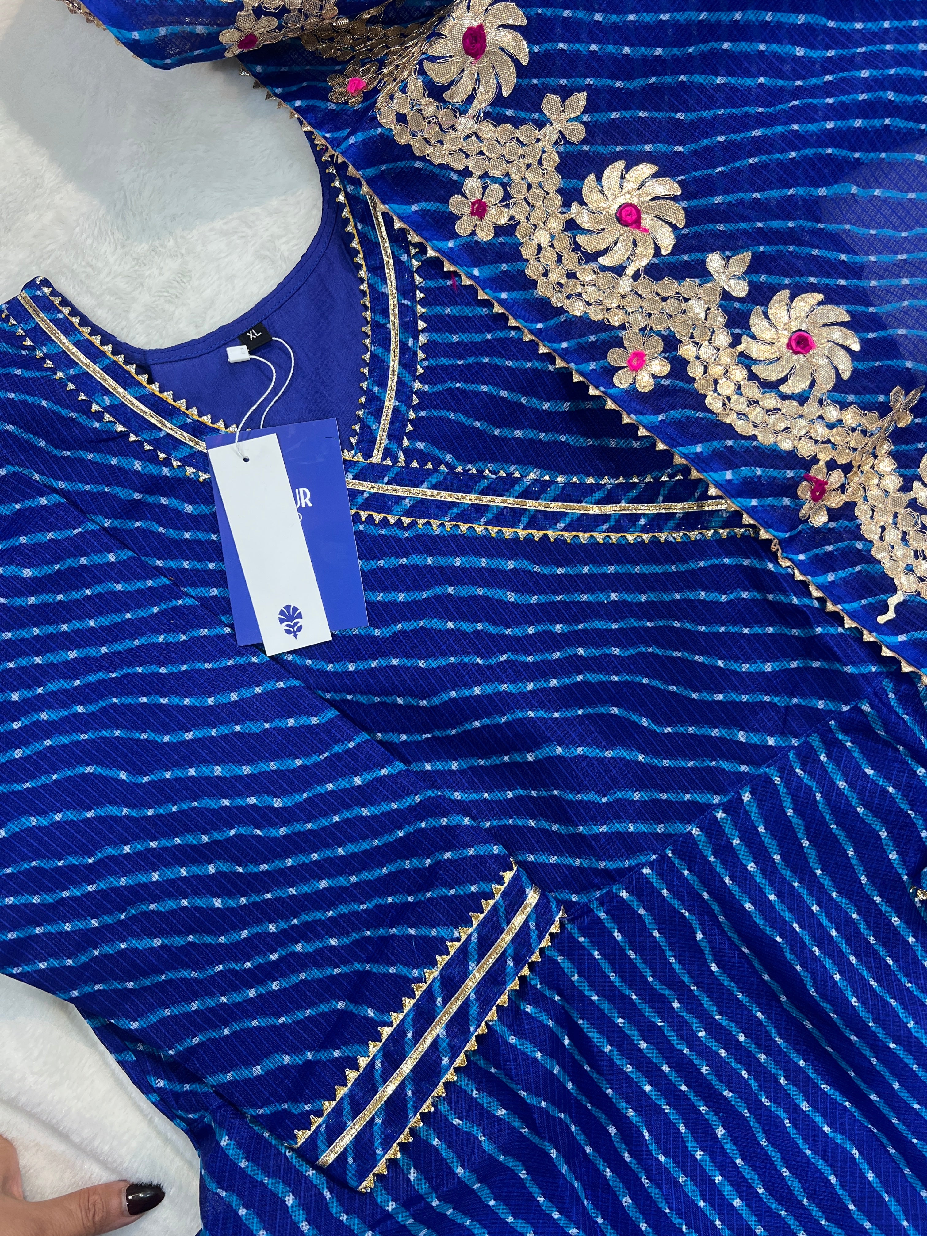 Mahira Blue Kota Doria Leheriya Gotta Detailed Anarkali Set - Image 5