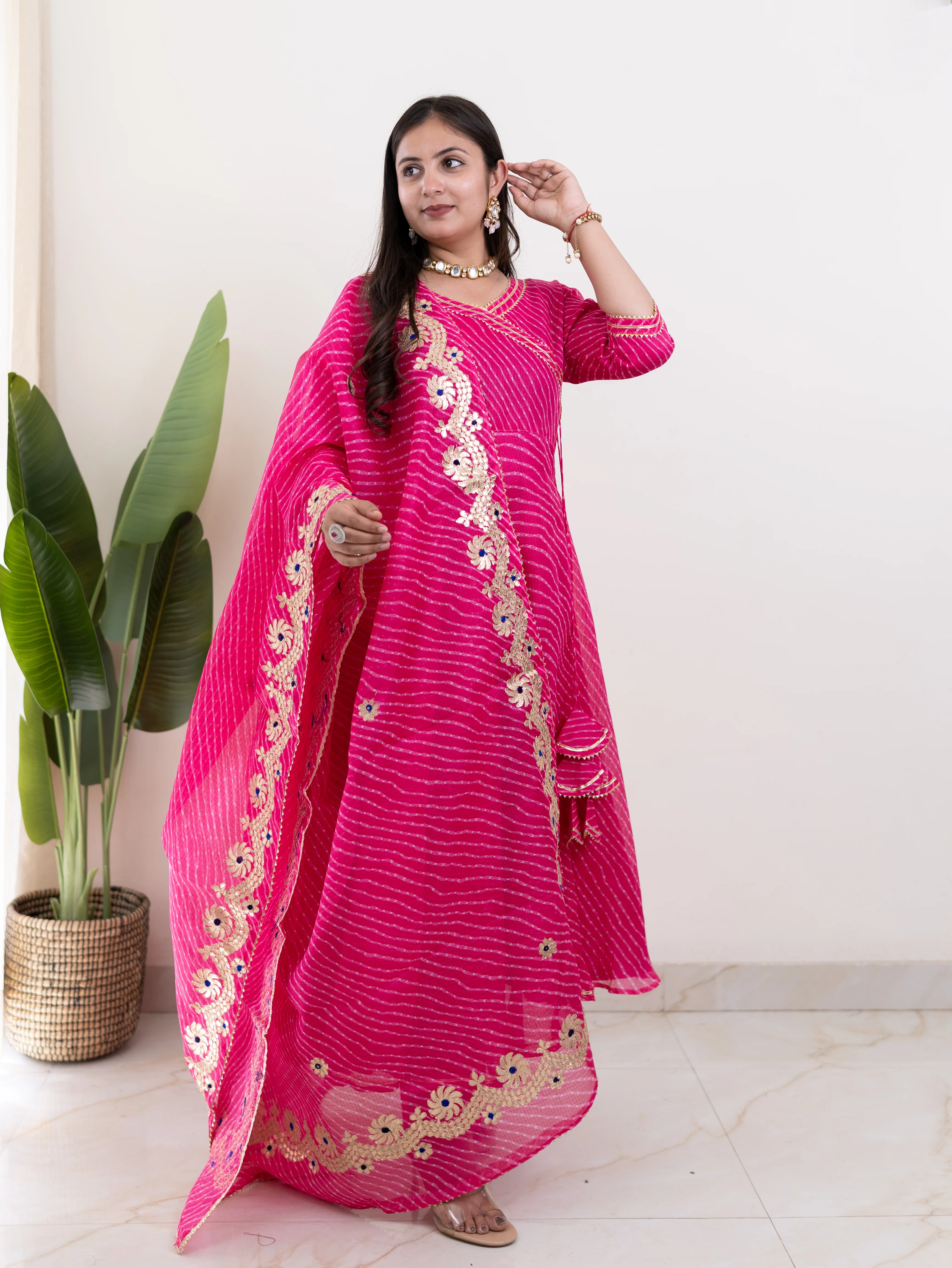 Mahira Pink Kota Doria Leheriya Gotta Detailed Anarkali Dupatta Set - Image 3