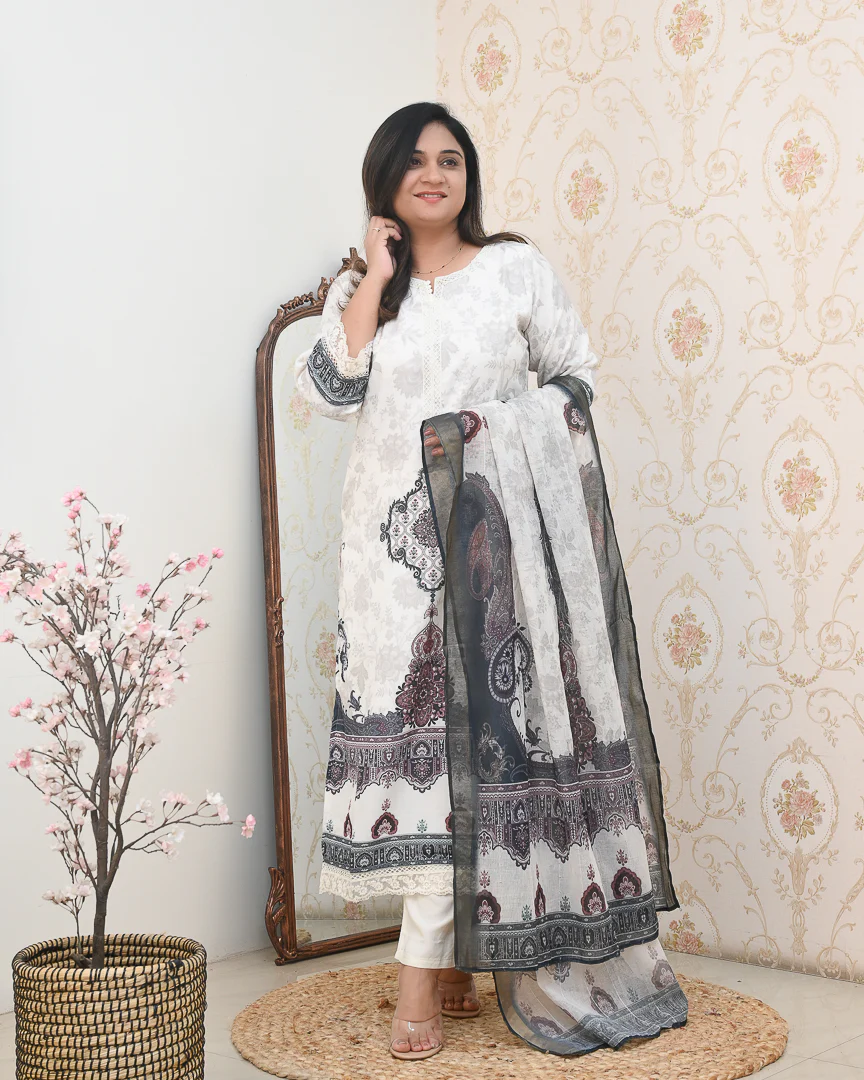 Mugal Print Cotton Embroidered Pant Set - Image 2