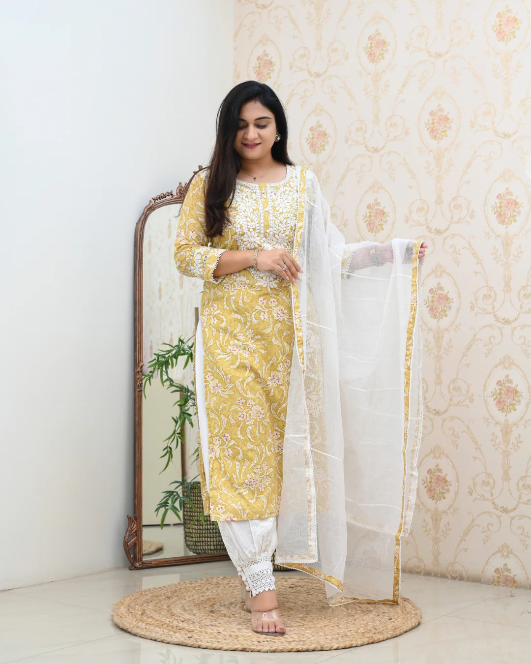 Mul Cotton Floral Lucknowi Gulnar Set - Image 2