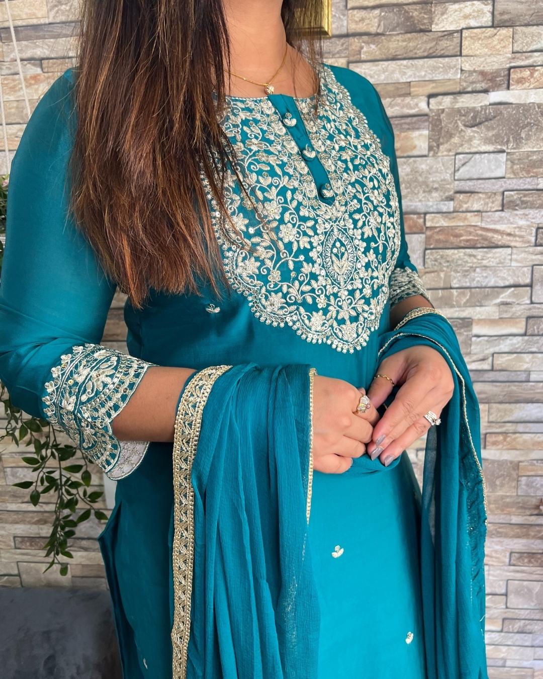 Muslin Solid Color Zari Embroidered Pant Set - Image 5
