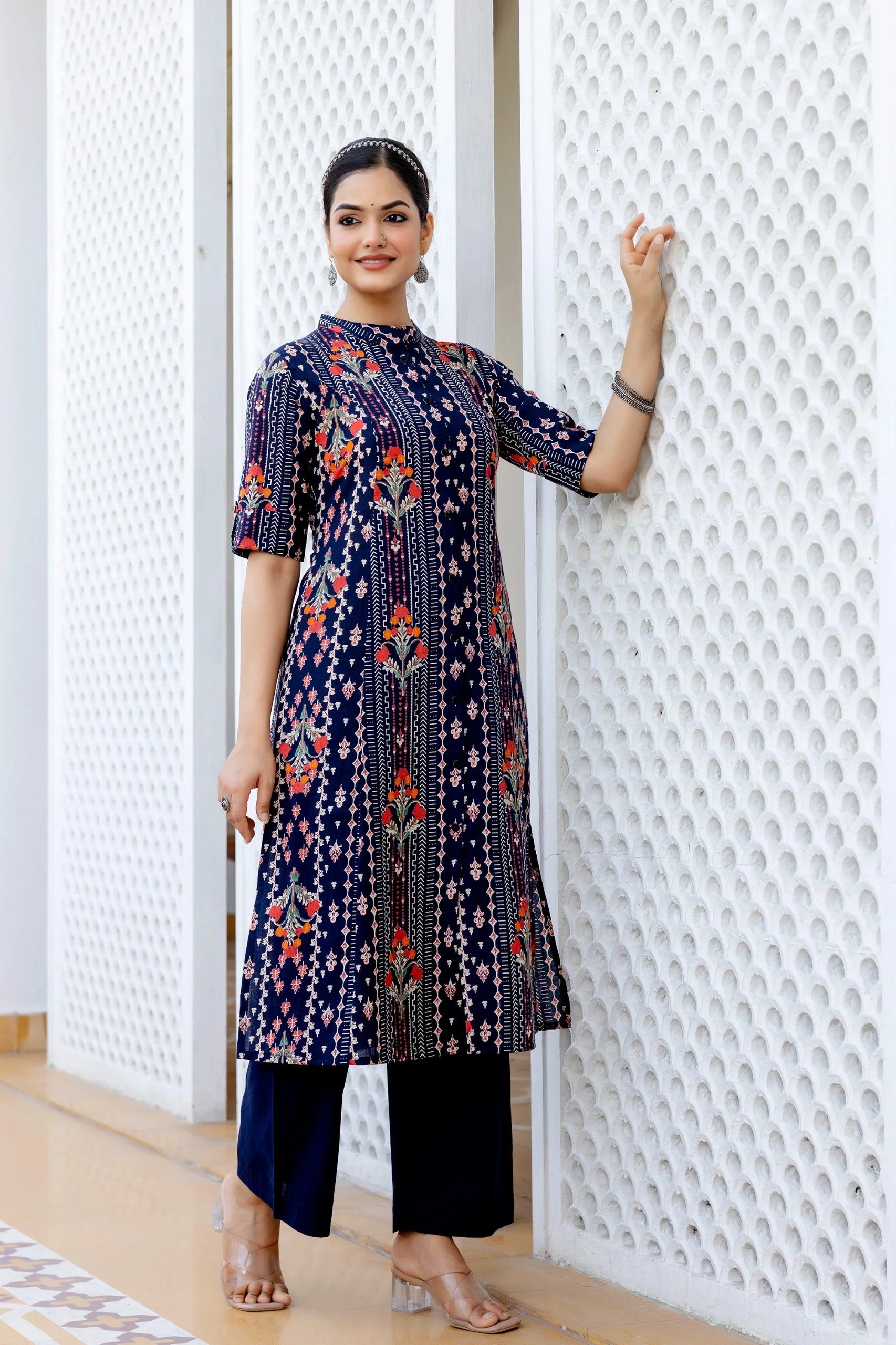 Navy Blue Floral Cotton A-line Coord Set - Image 3