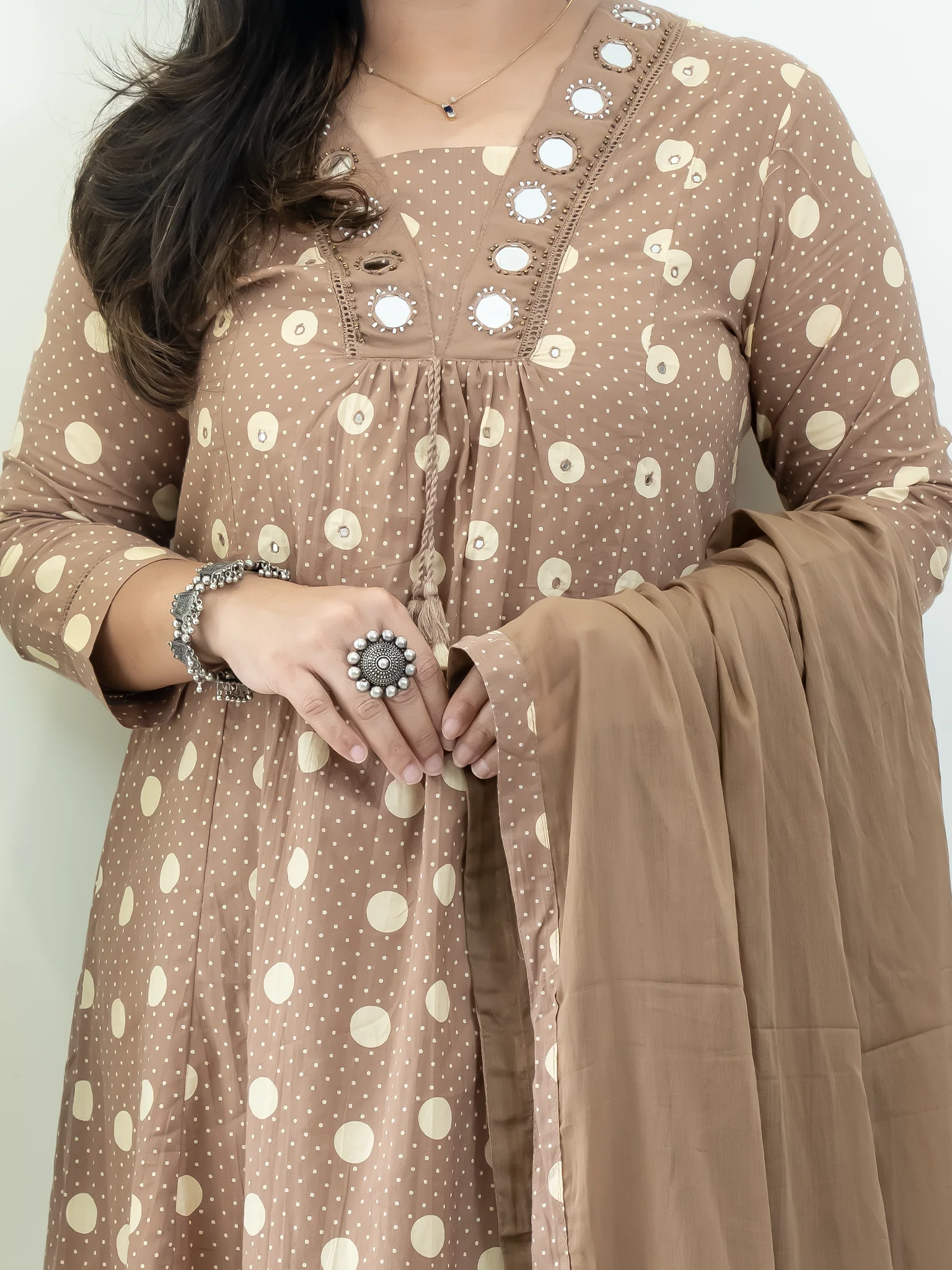 Nisa Brown Polka Mirror Detailed A-line Dupatta Set - Image 10
