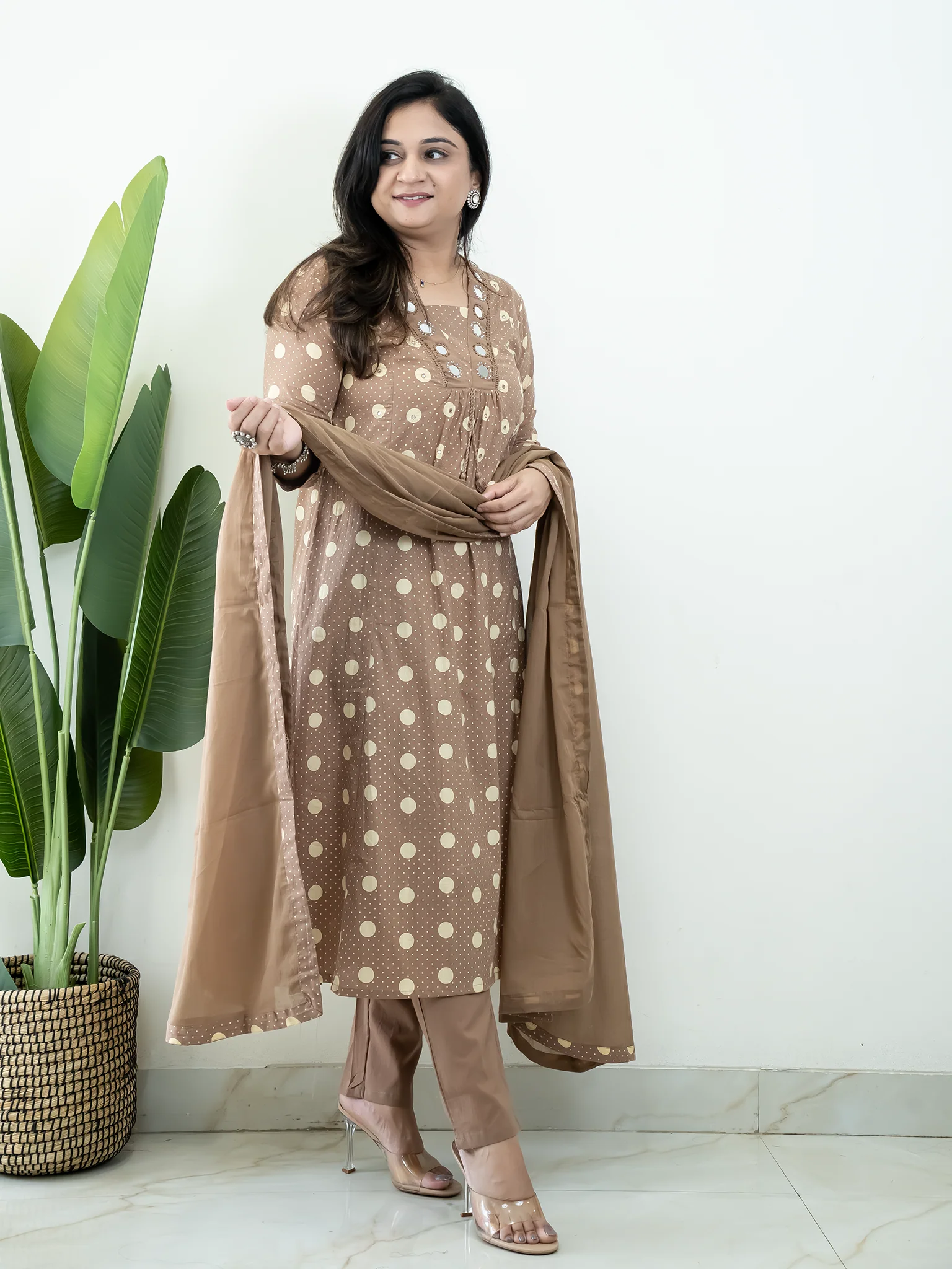 Nisa Brown Polka Mirror Detailed A-line Dupatta Set - Image 3