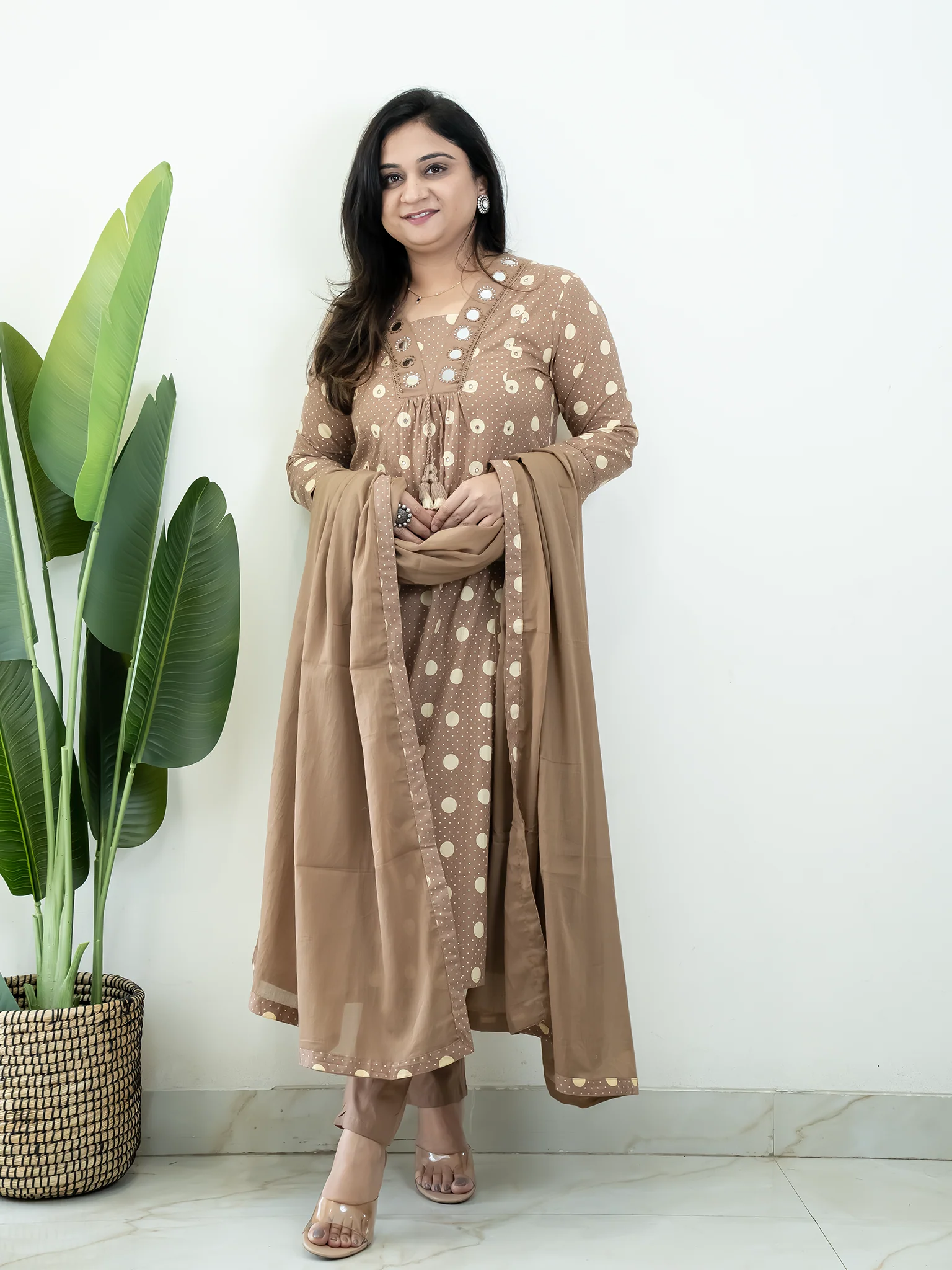 Nisa Brown Polka Mirror Detailed A-line Dupatta Set - Image 4