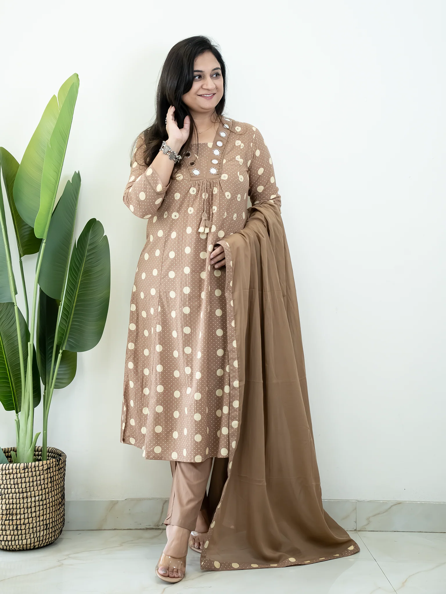 Nisa Brown Polka Mirror Detailed A-line Dupatta Set - Image 5