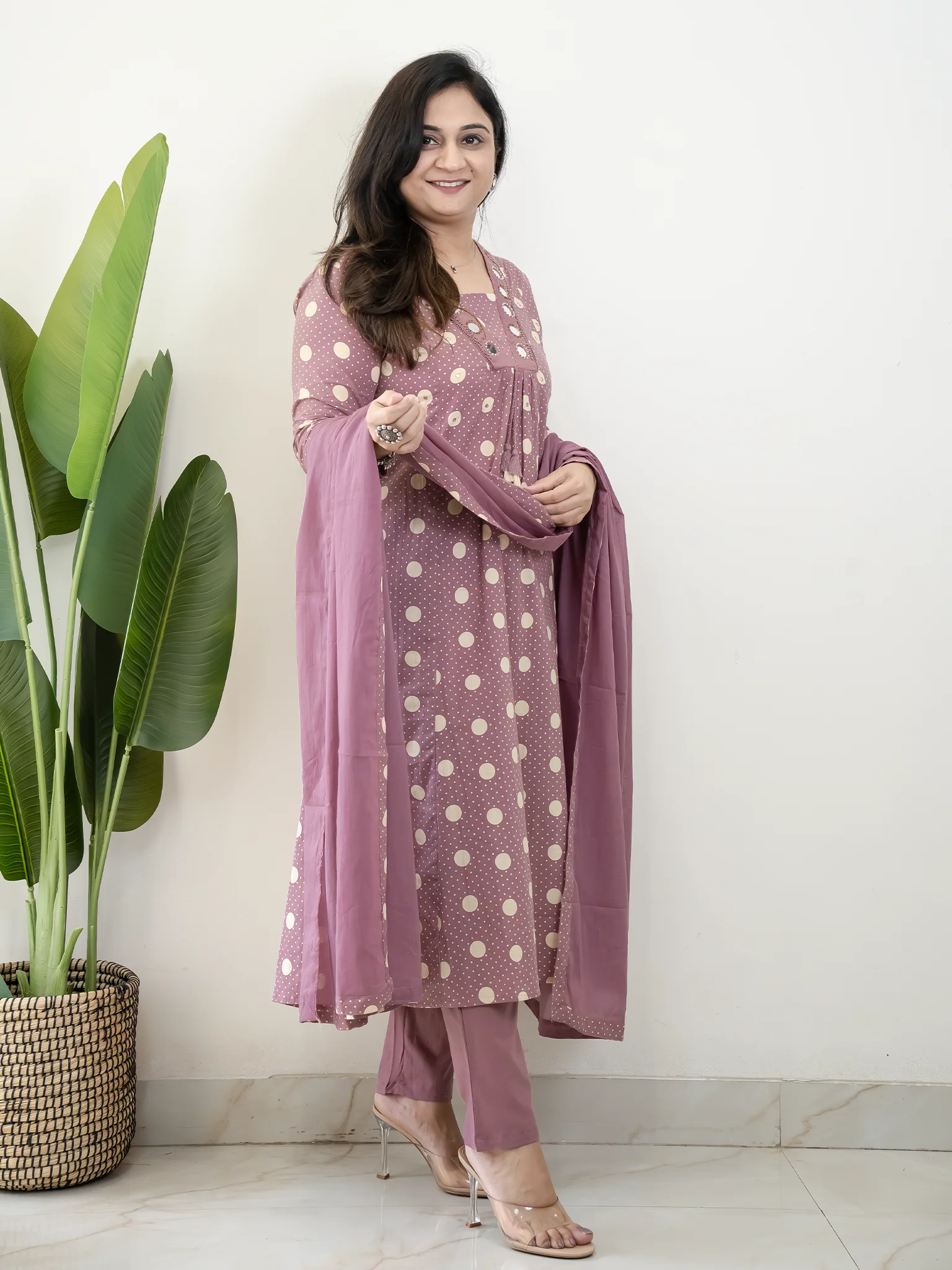 Nisa Mauve Polka Mirror Detailed A-line Dupatta Set - Image 10