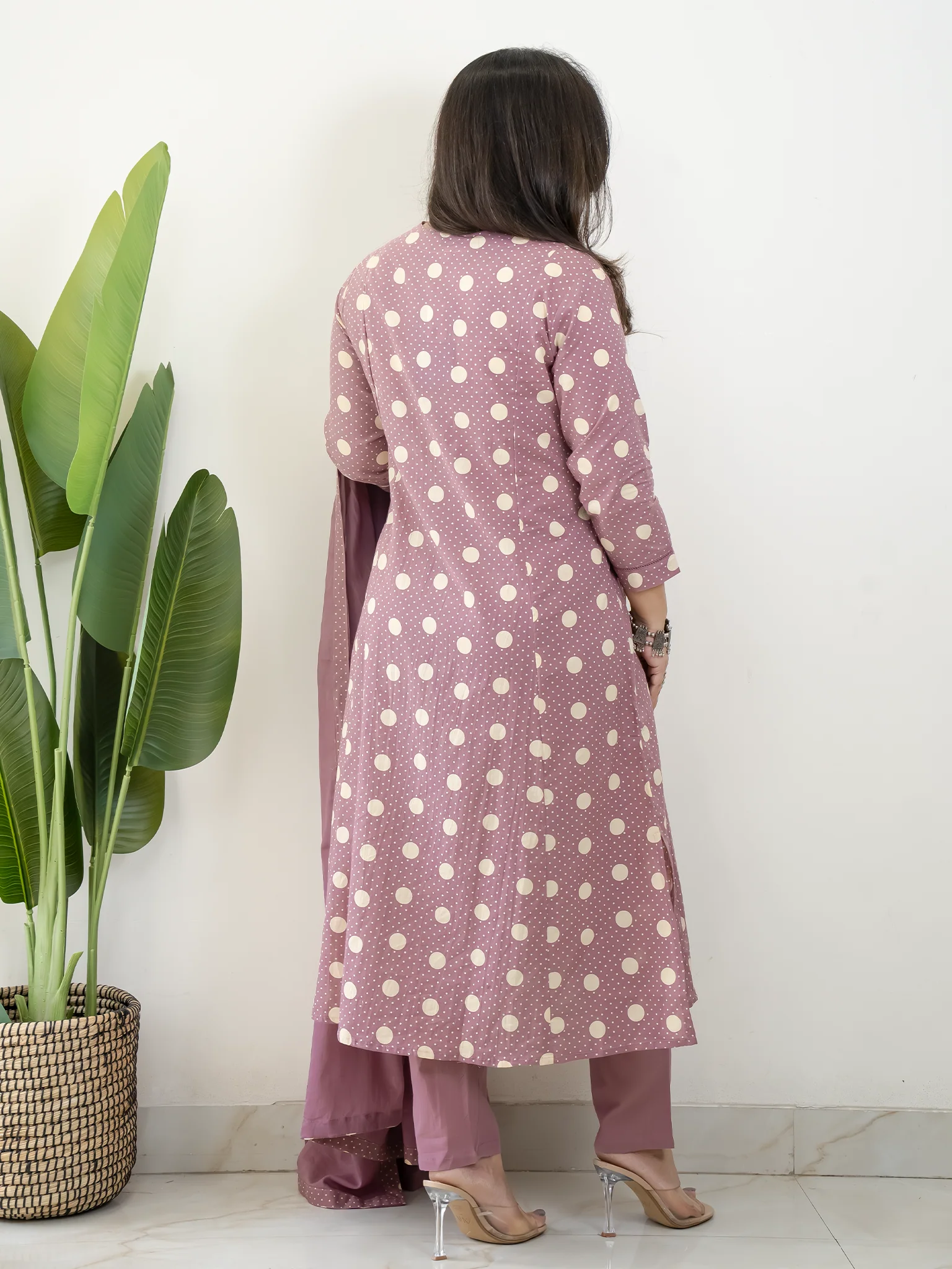 Nisa Mauve Polka Mirror Detailed A-line Dupatta Set - Image 11