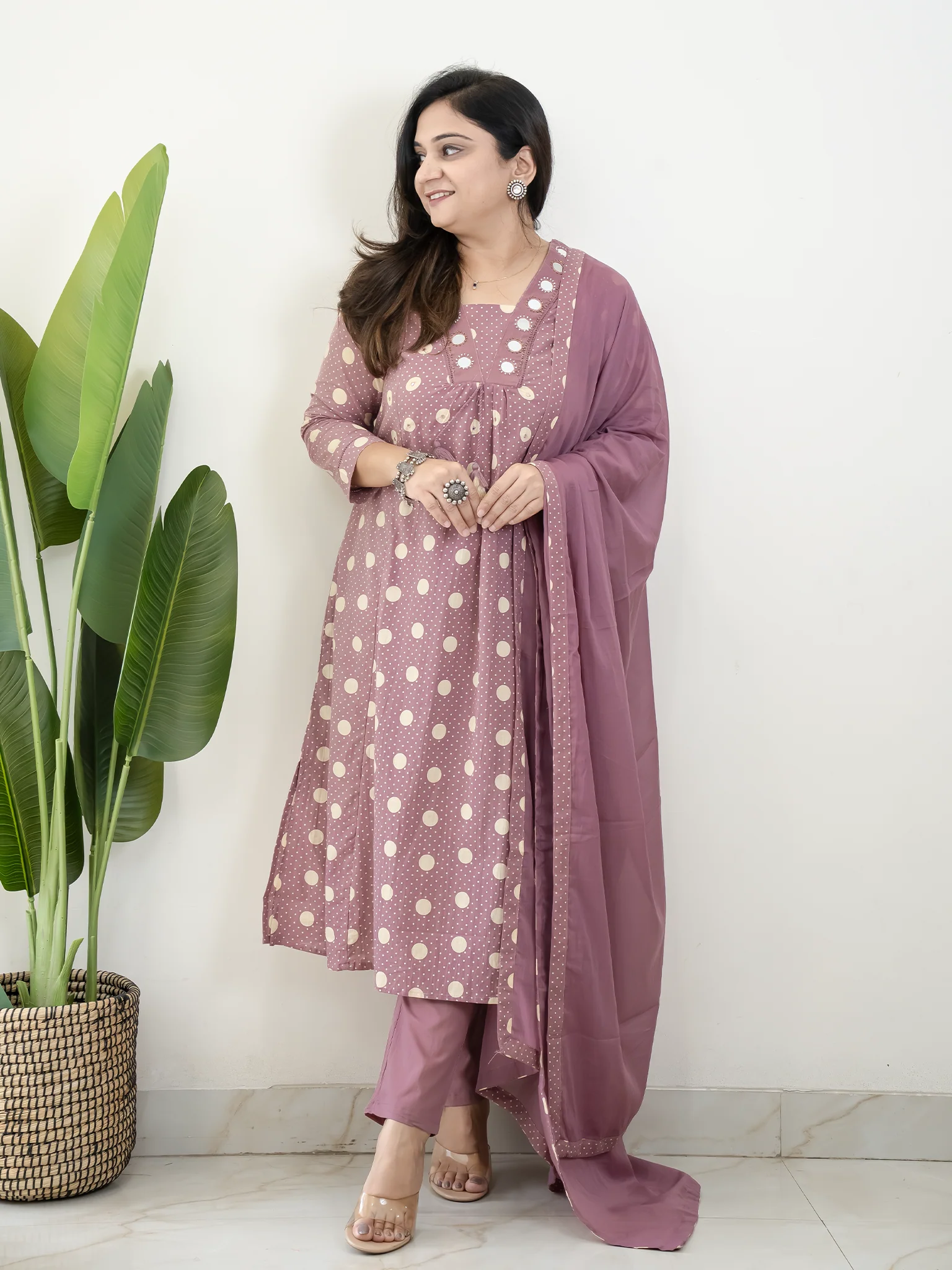 Nisa Mauve Polka Mirror Detailed A-line Dupatta Set - Image 5