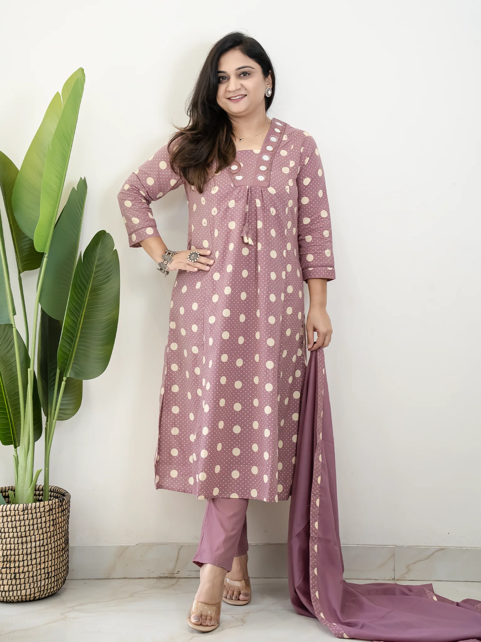Nisa Mauve Polka Mirror Detailed A-line Dupatta Set - Image 6