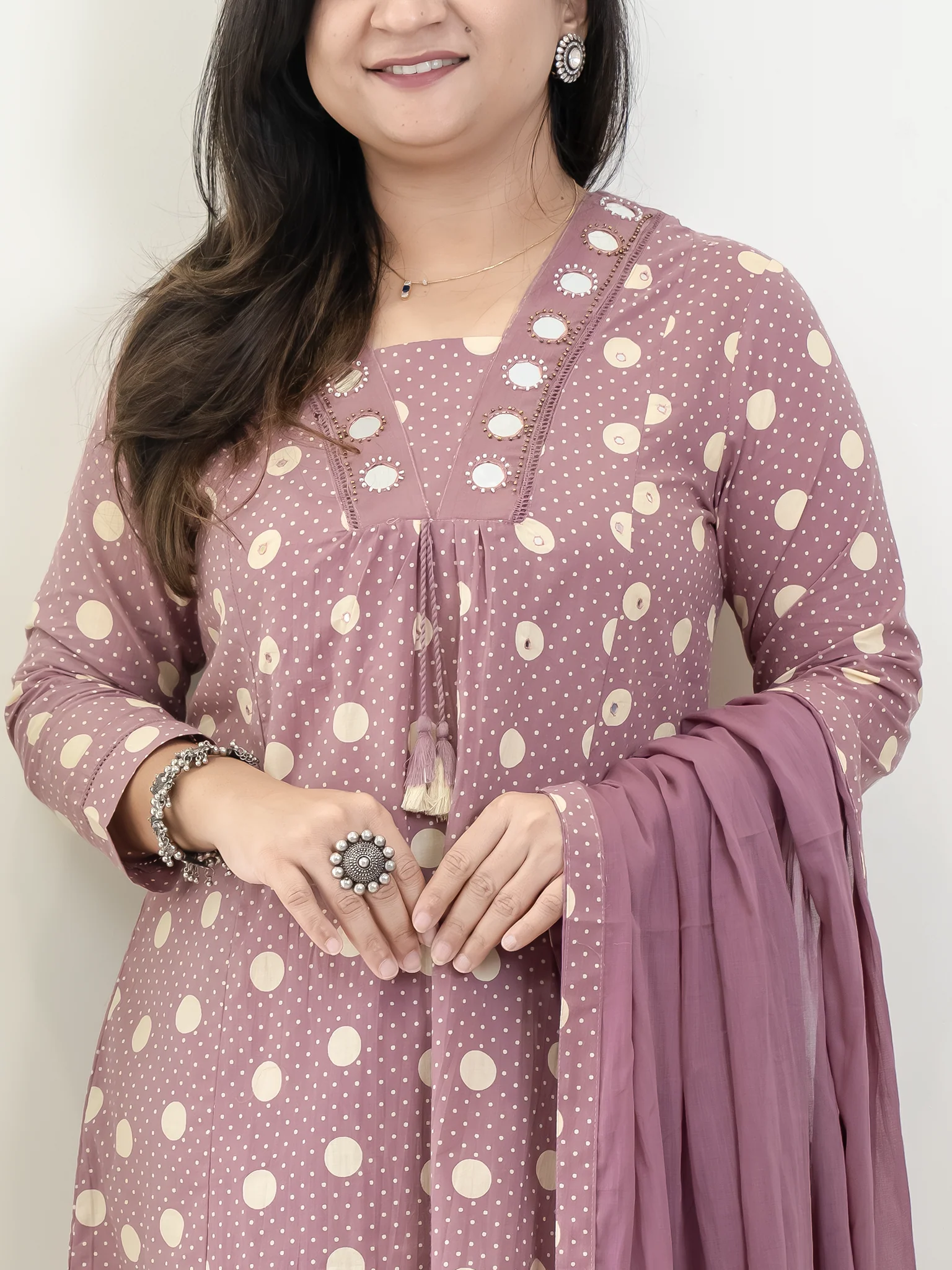 Nisa Mauve Polka Mirror Detailed A-line Dupatta Set - Image 7