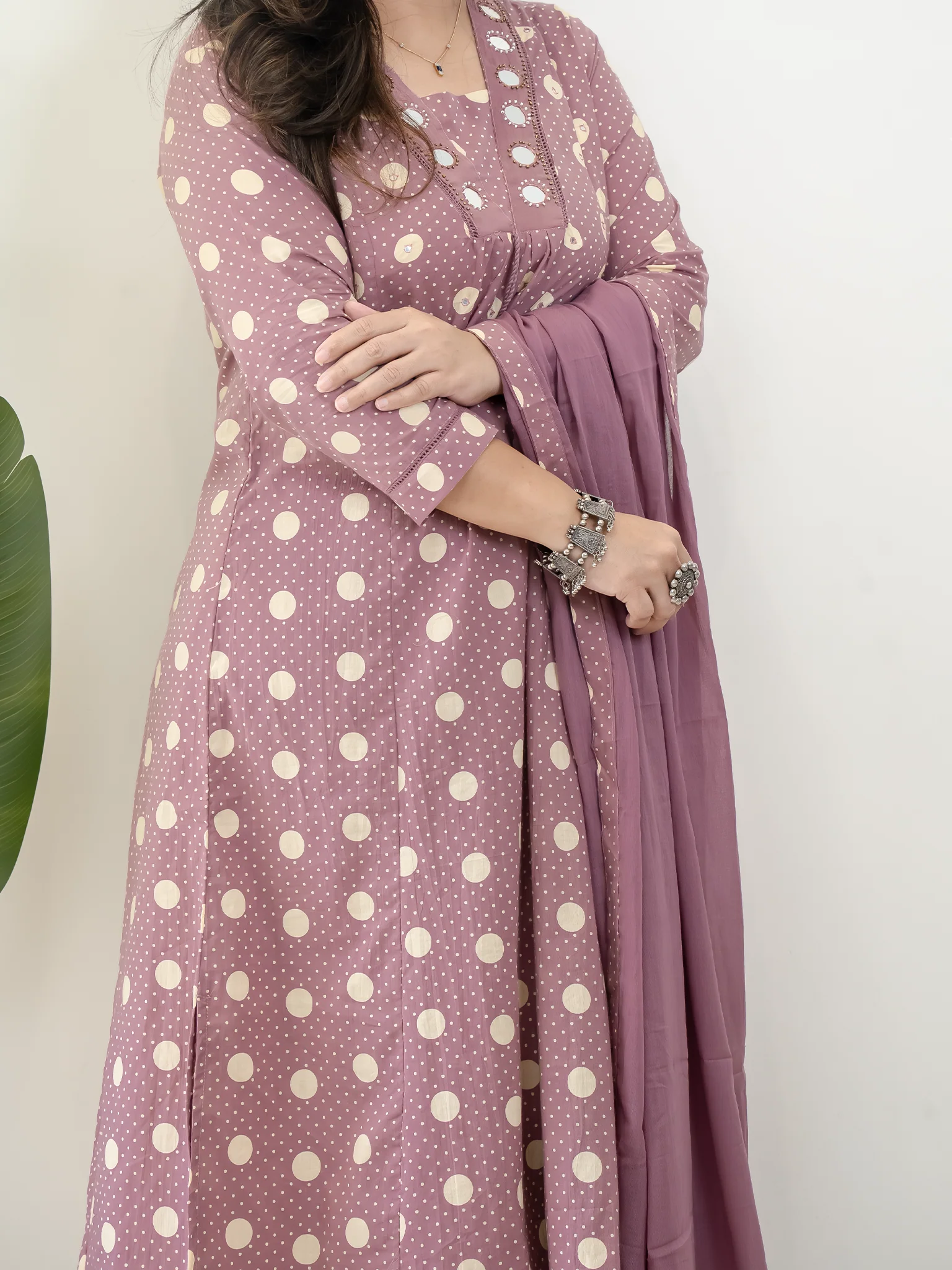 Nisa Mauve Polka Mirror Detailed A-line Dupatta Set - Image 8