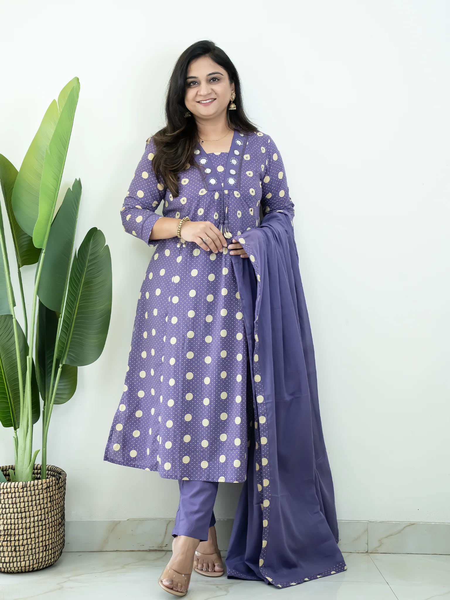Nisa Purple Polka Mirror Detailed A-line Dupatta Set - Image 10