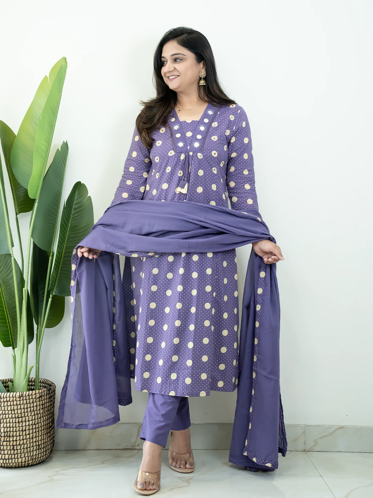 Nisa Purple Polka Mirror Detailed A-line Dupatta Set - Image 3