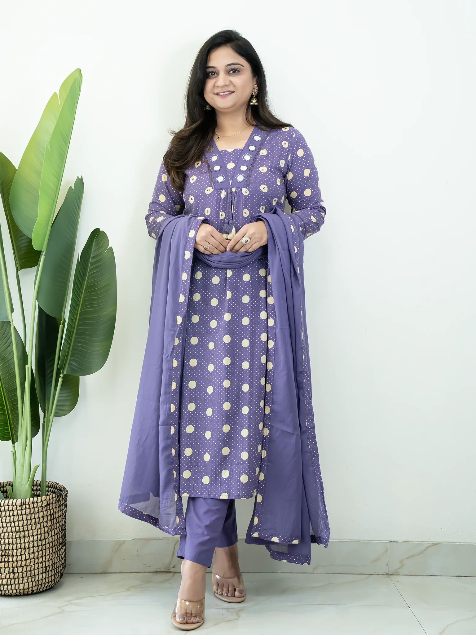 Nisa Purple Polka Mirror Detailed A-line Dupatta Set - Image 4