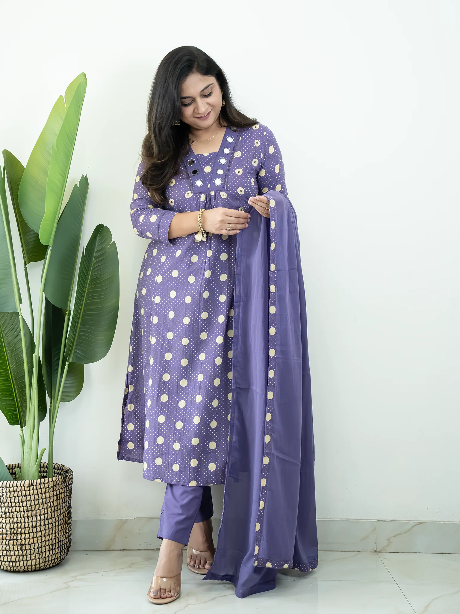 Nisa Purple Polka Mirror Detailed A-line Dupatta Set - Image 5