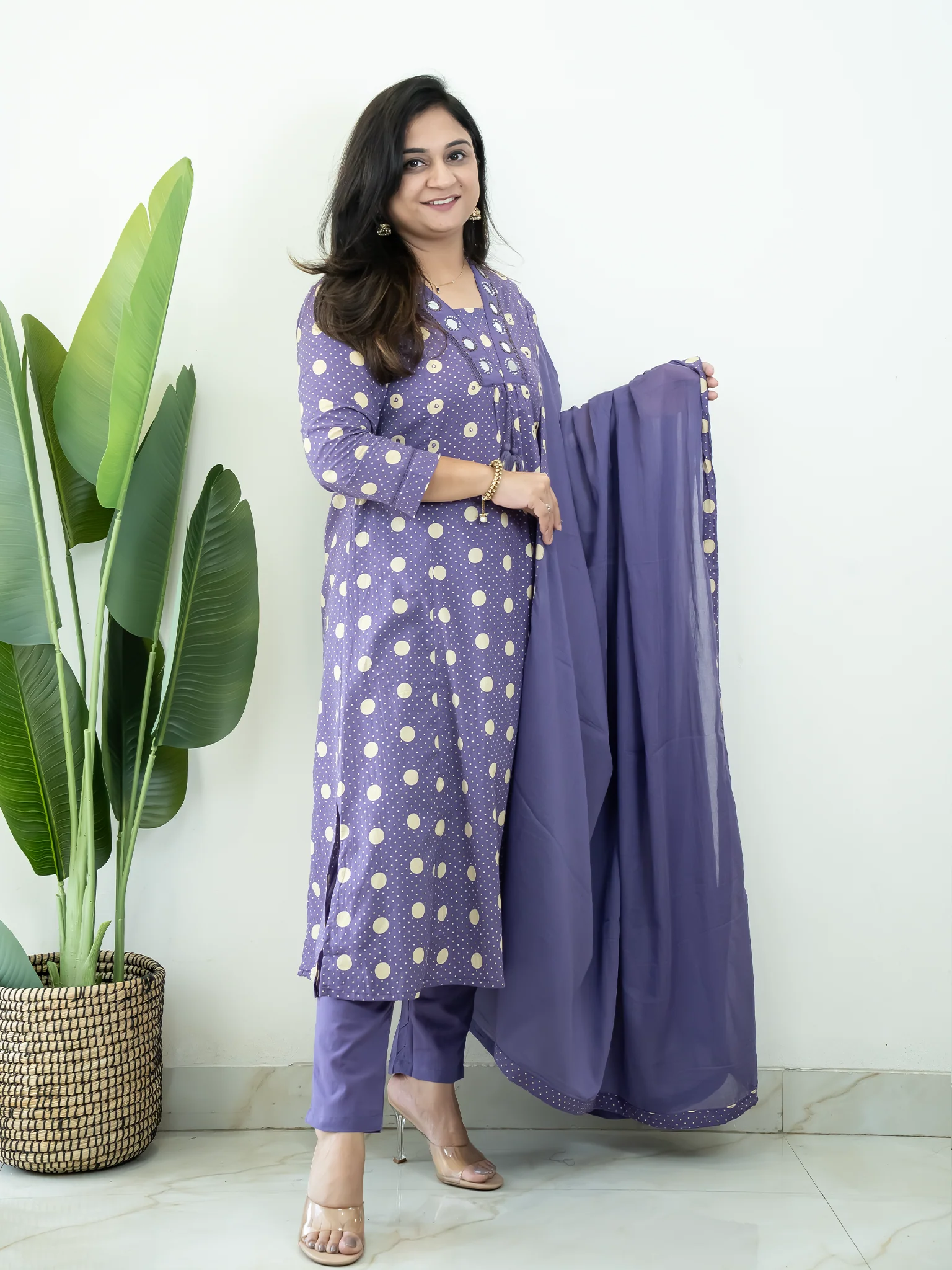 Nisa Purple Polka Mirror Detailed A-line Dupatta Set - Image 6