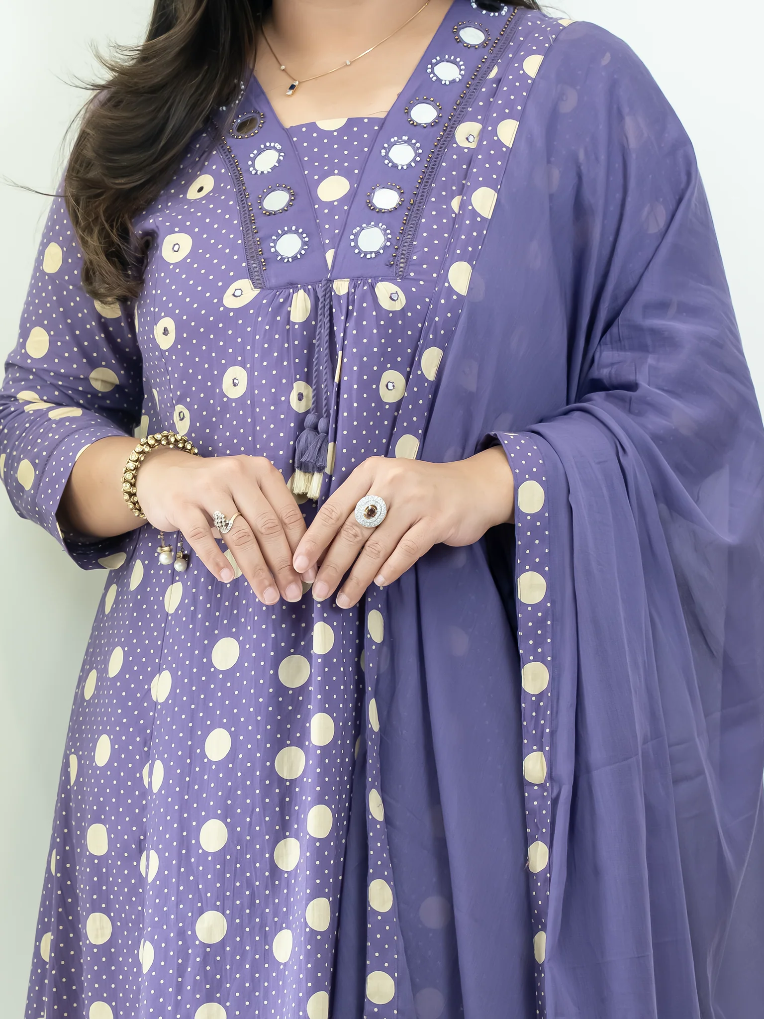 Nisa Purple Polka Mirror Detailed A-line Dupatta Set - Image 7