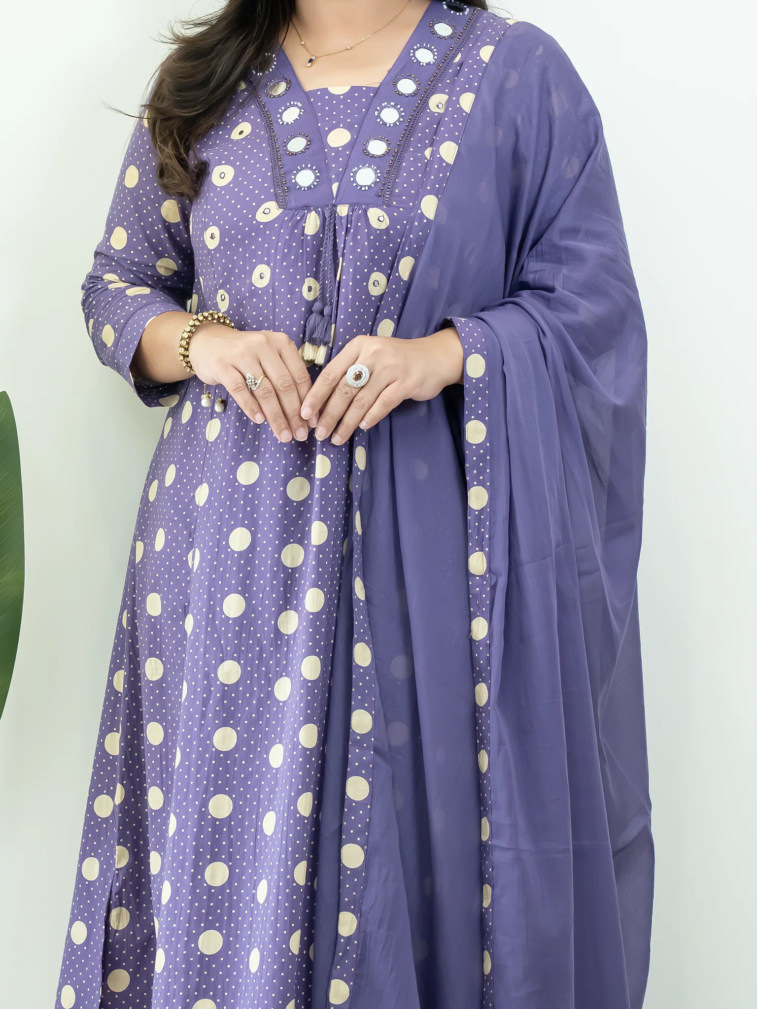 Nisa Purple Polka Mirror Detailed A-line Dupatta Set - Image 8