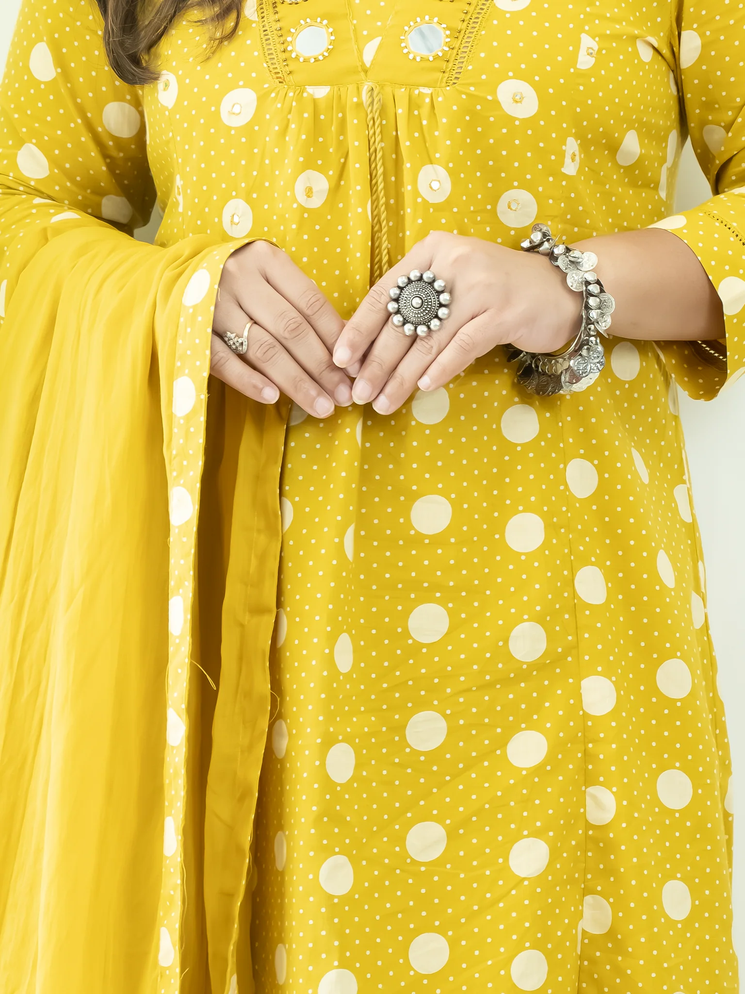 Nisa Yellow Polka Mirror Detailed A-line Dupatta Set - Image 10
