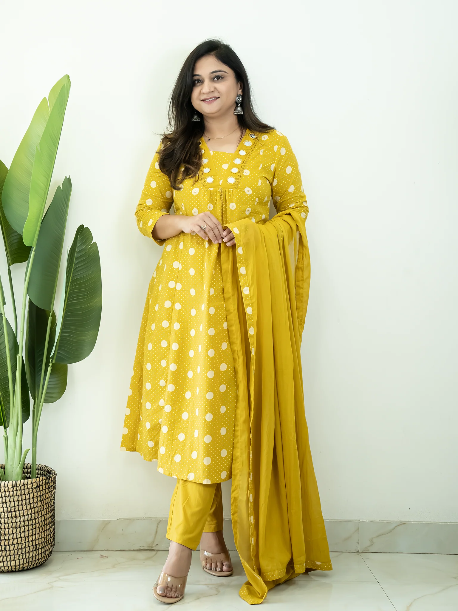 Nisa Yellow Polka Mirror Detailed A-line Dupatta Set - Image 11