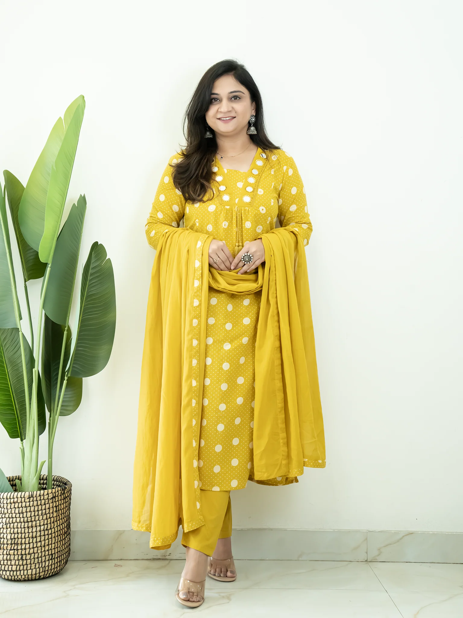 Nisa Yellow Polka Mirror Detailed A-line Dupatta Set - Image 3