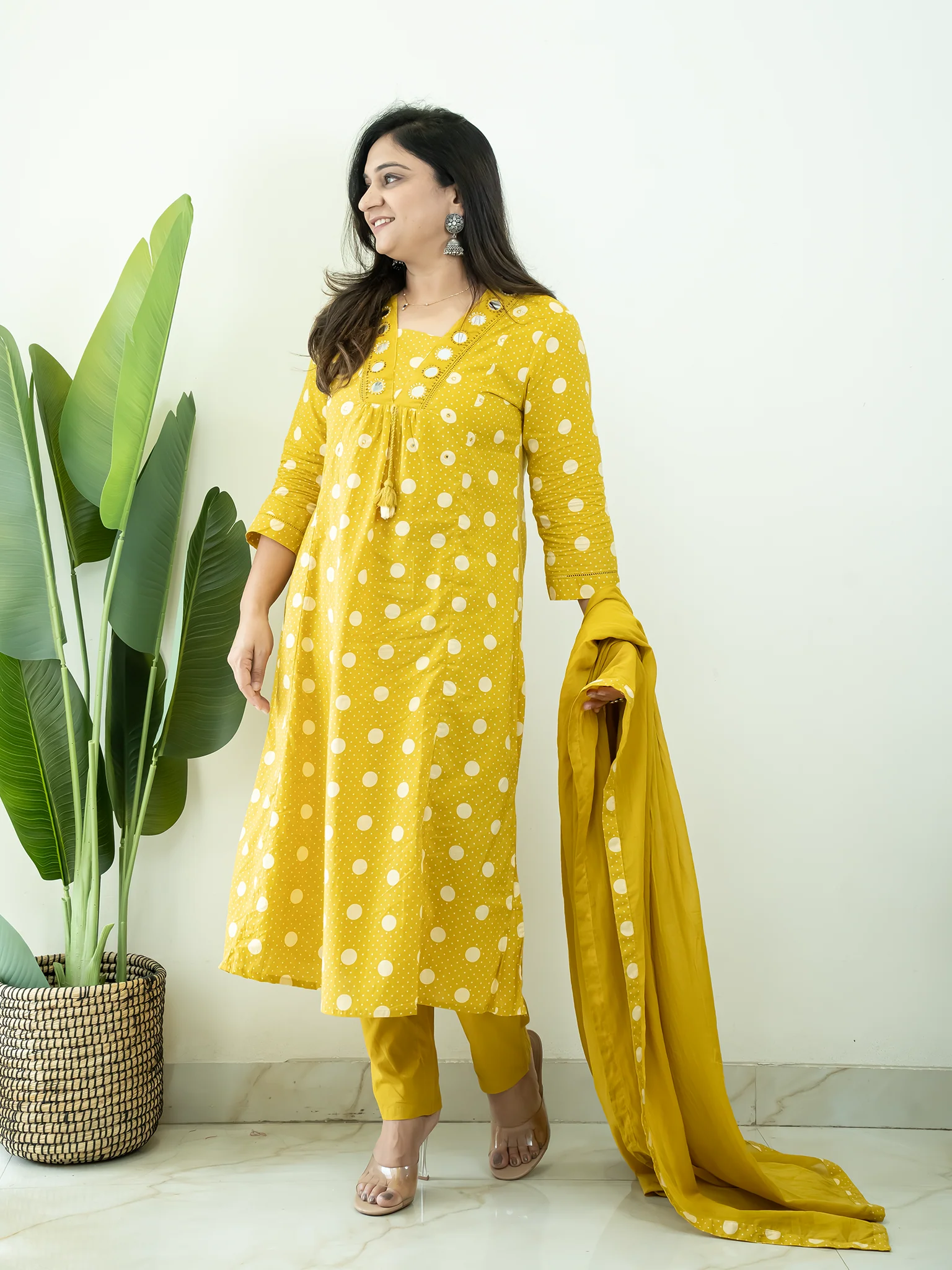 Nisa Yellow Polka Mirror Detailed A-line Dupatta Set - Image 5