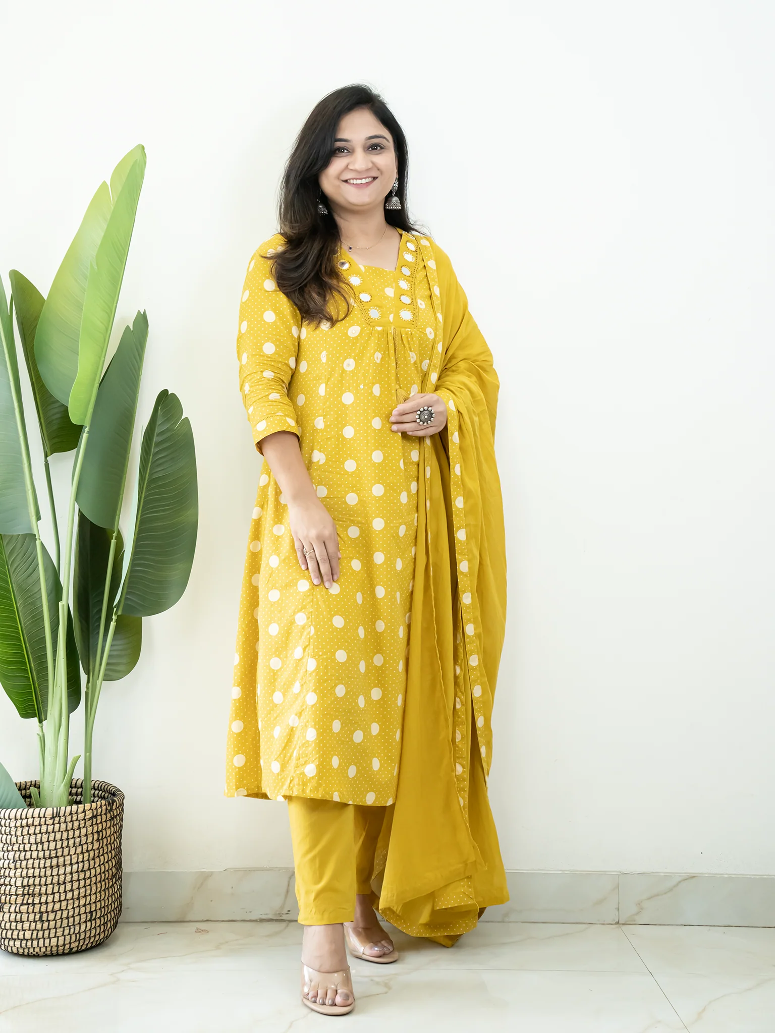 Nisa Yellow Polka Mirror Detailed A-line Dupatta Set - Image 9